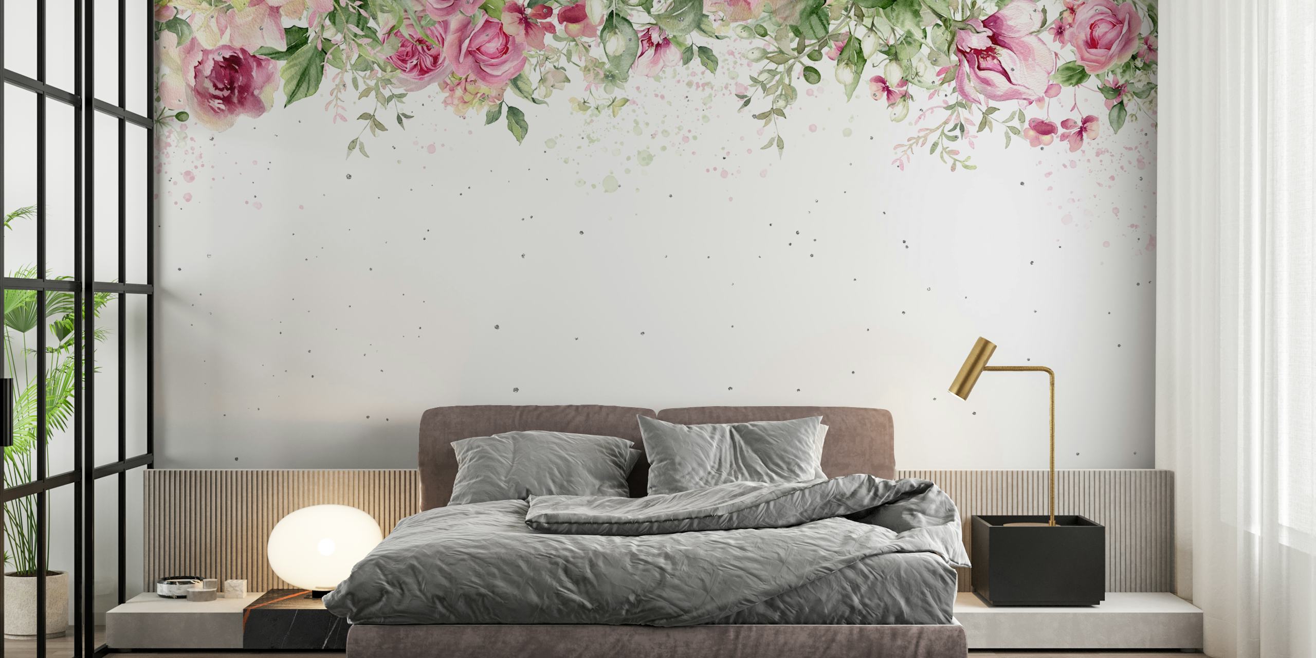 Watercolor roses and leaves in pink and green tones wallpaper