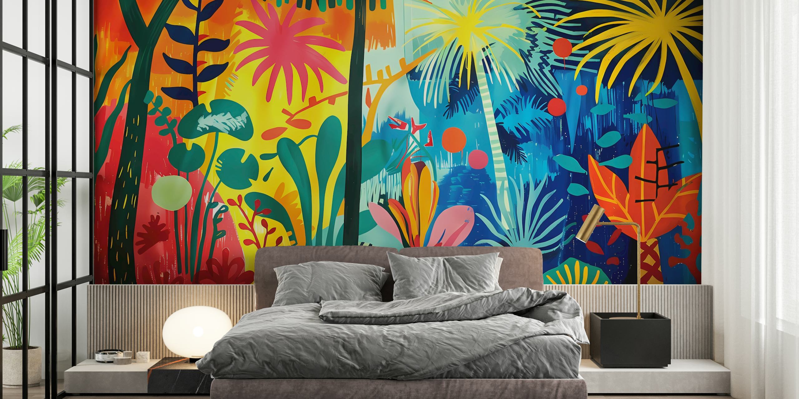 Fargerikt tropisk veggmaleri med kunstneriske blomster- og palmebladdesign