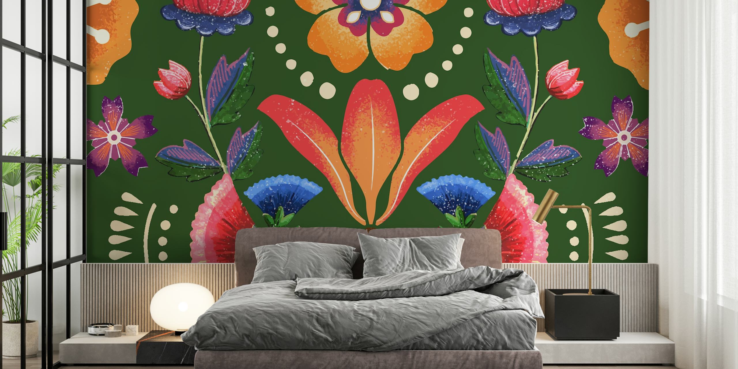 Floral pattern with red, blue, and orange flowers on green wallpaper