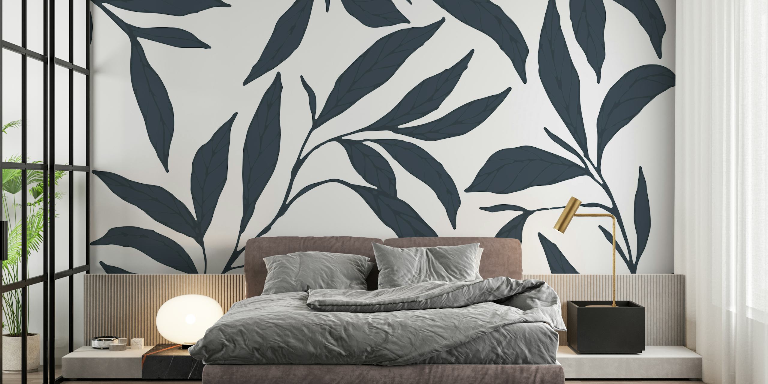 Dark blue foliage leaves pattern wallpaper