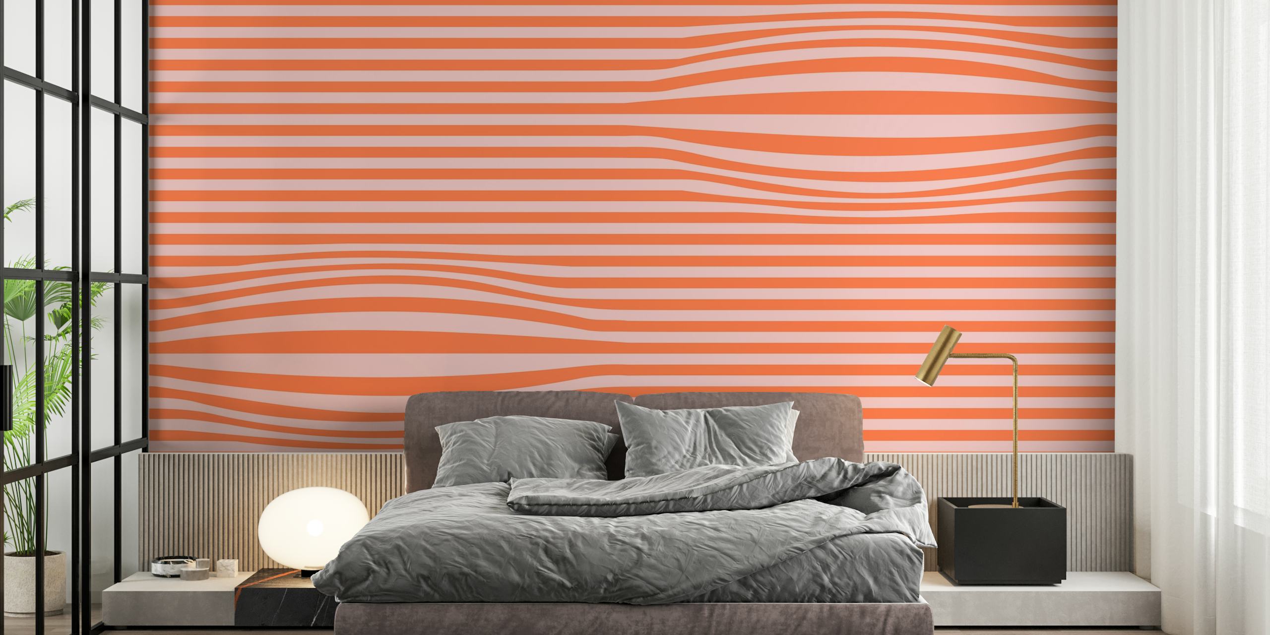 Modern orange and pink striped wave pattern wall mural