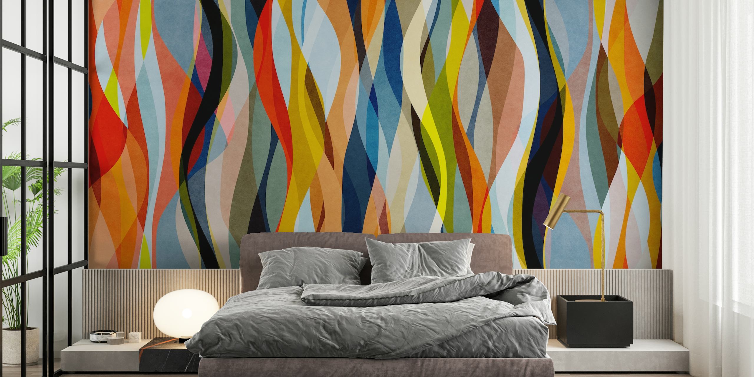 Sinuous and overlapping shapes wallpaper in a room