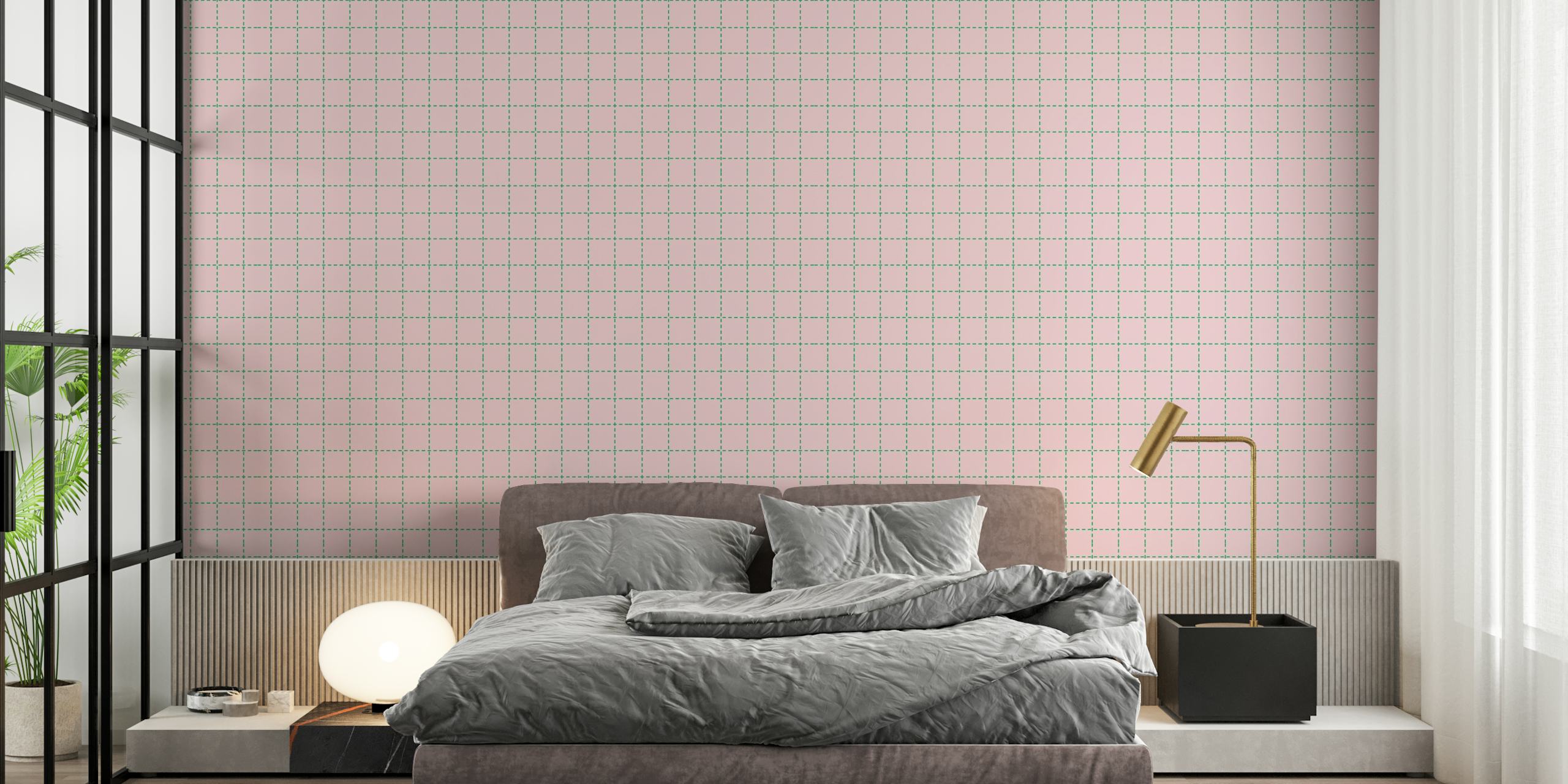Elegant veggmaleri med rutemønster i rosa og grønne nyanser