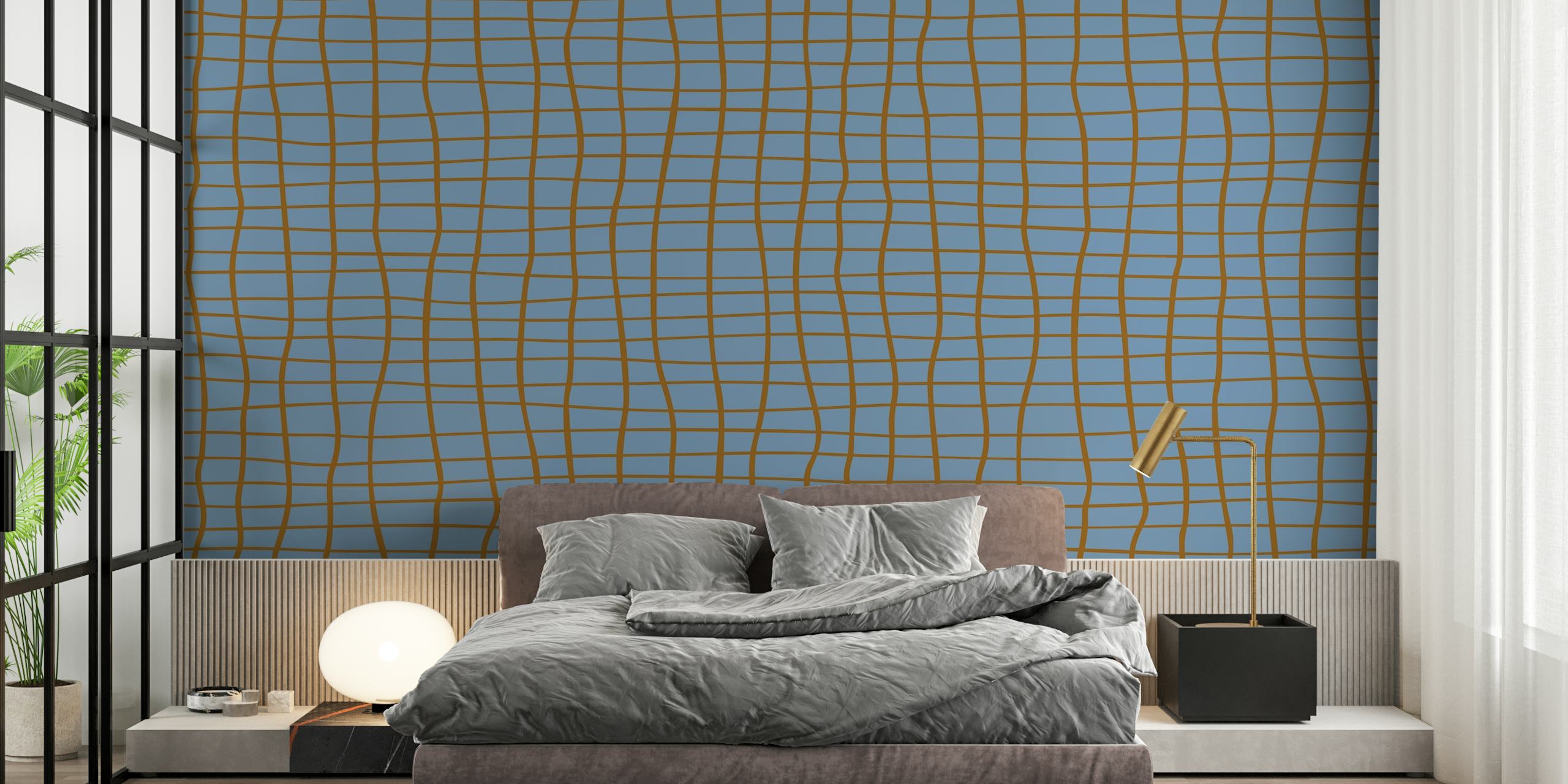 Carta da parati blu a motivo grid Grid Pattern Blue Seatle in una stanza