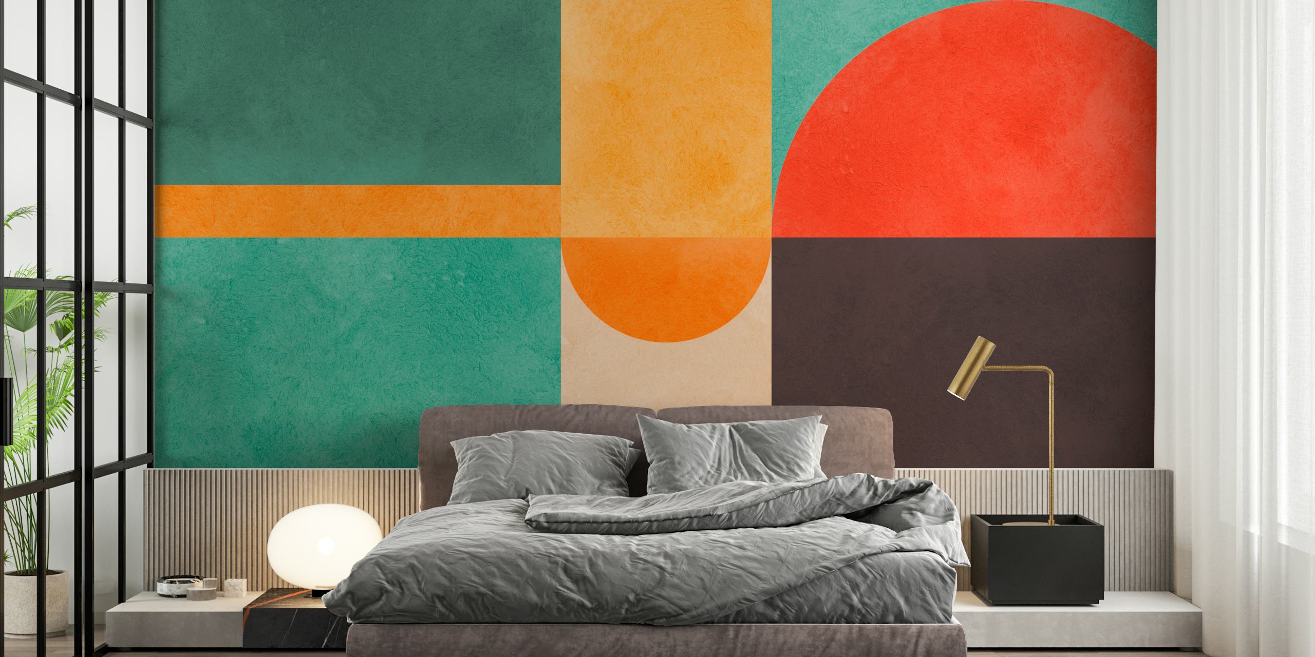 Geometric color block design in green, orange, beige, and red wallpaper