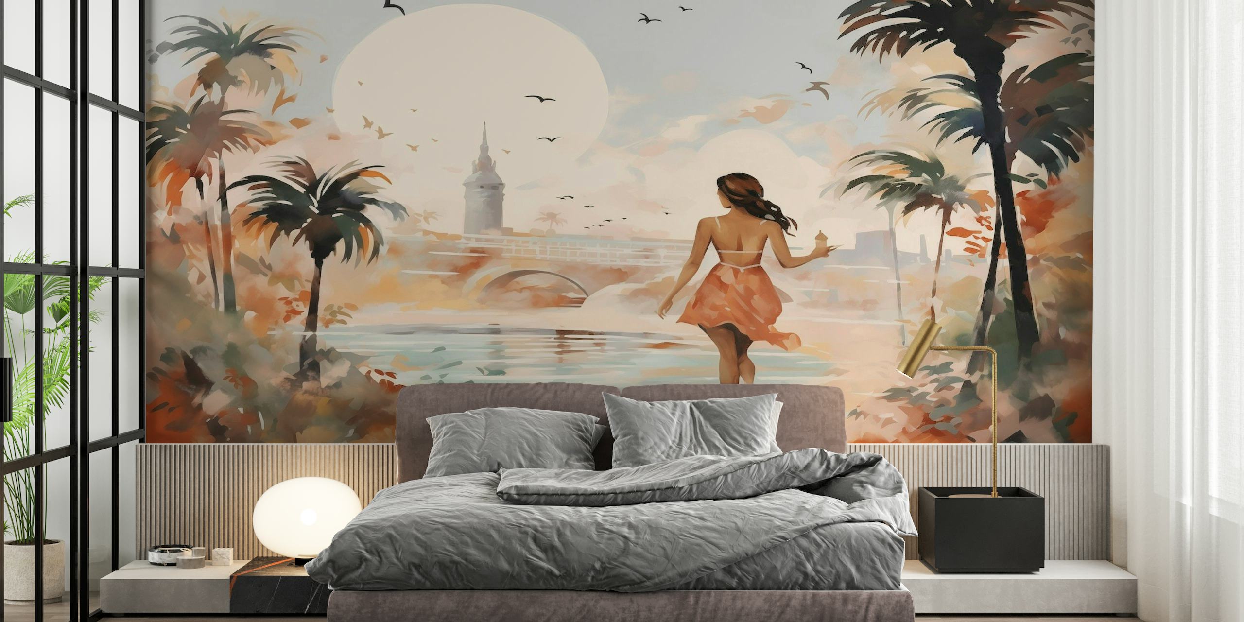 Impressionistic summer cityscape wall mural with silhouette of a person walking under palm trees.