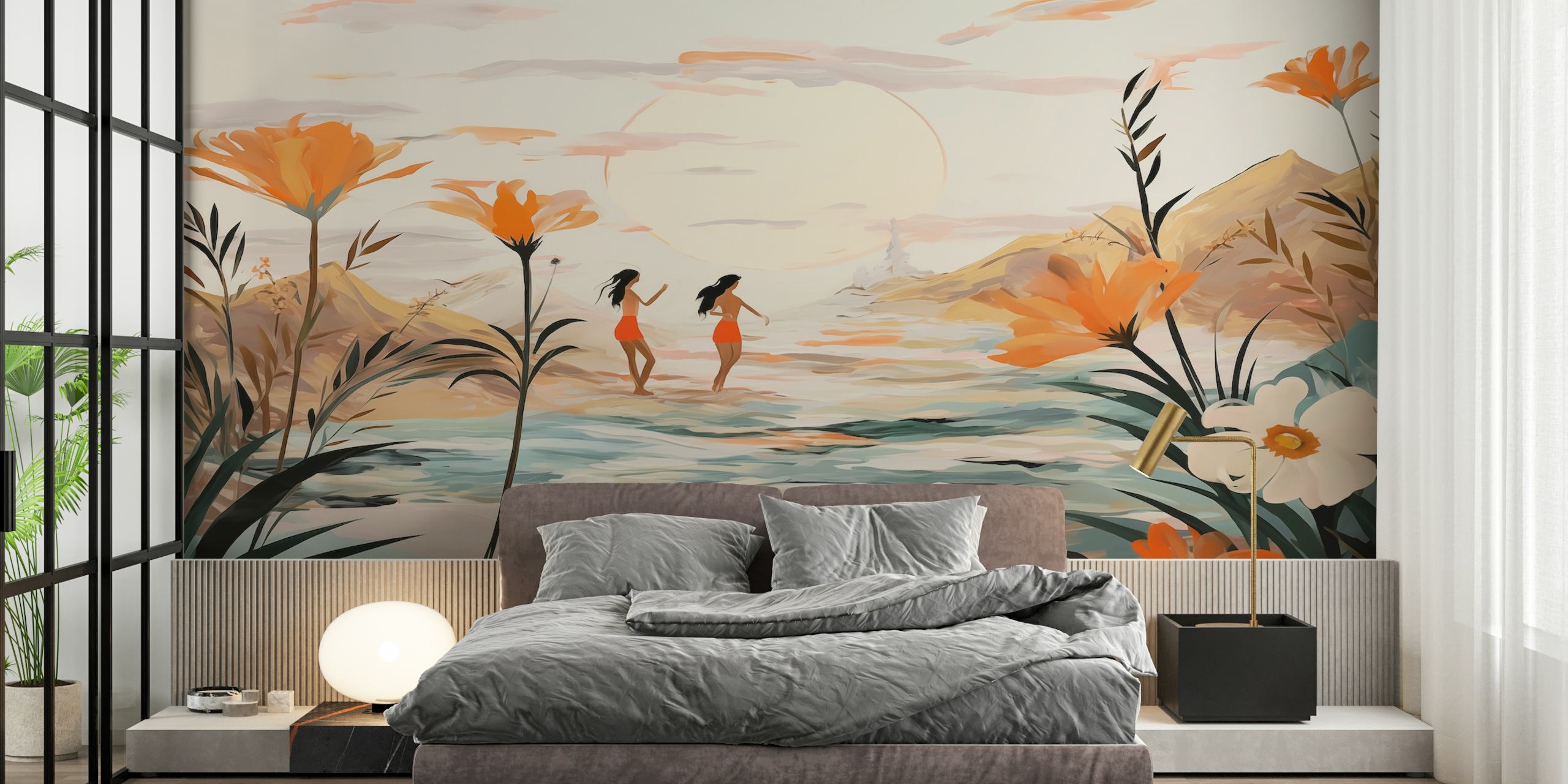 Two girls walking by the beach with flowers, pastel colors, impressionist style wallpaper