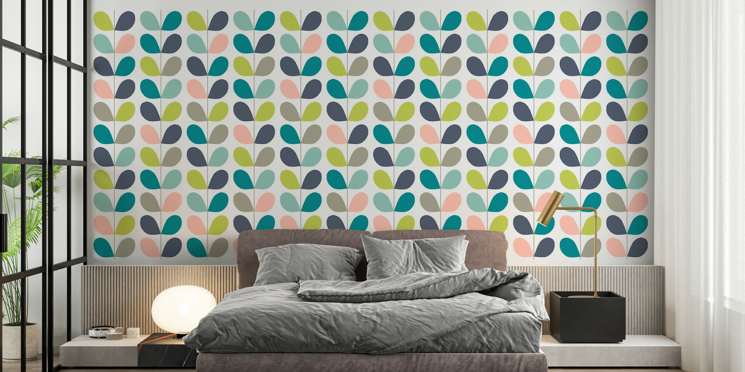 Stylized pastel leaves in a minimalist wall mural pattern