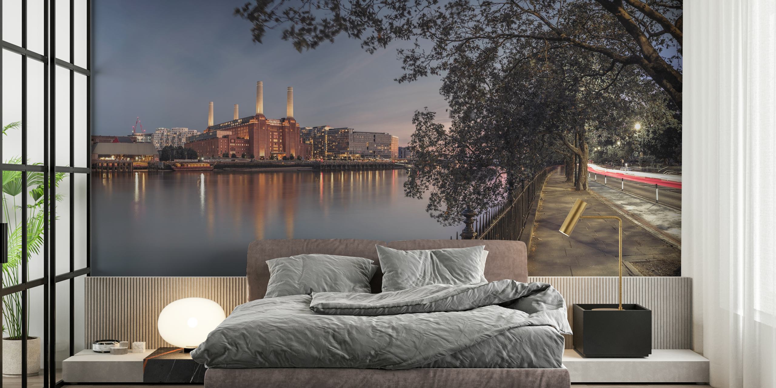 Battersea Power Station with trees and river at dusk wallpaper