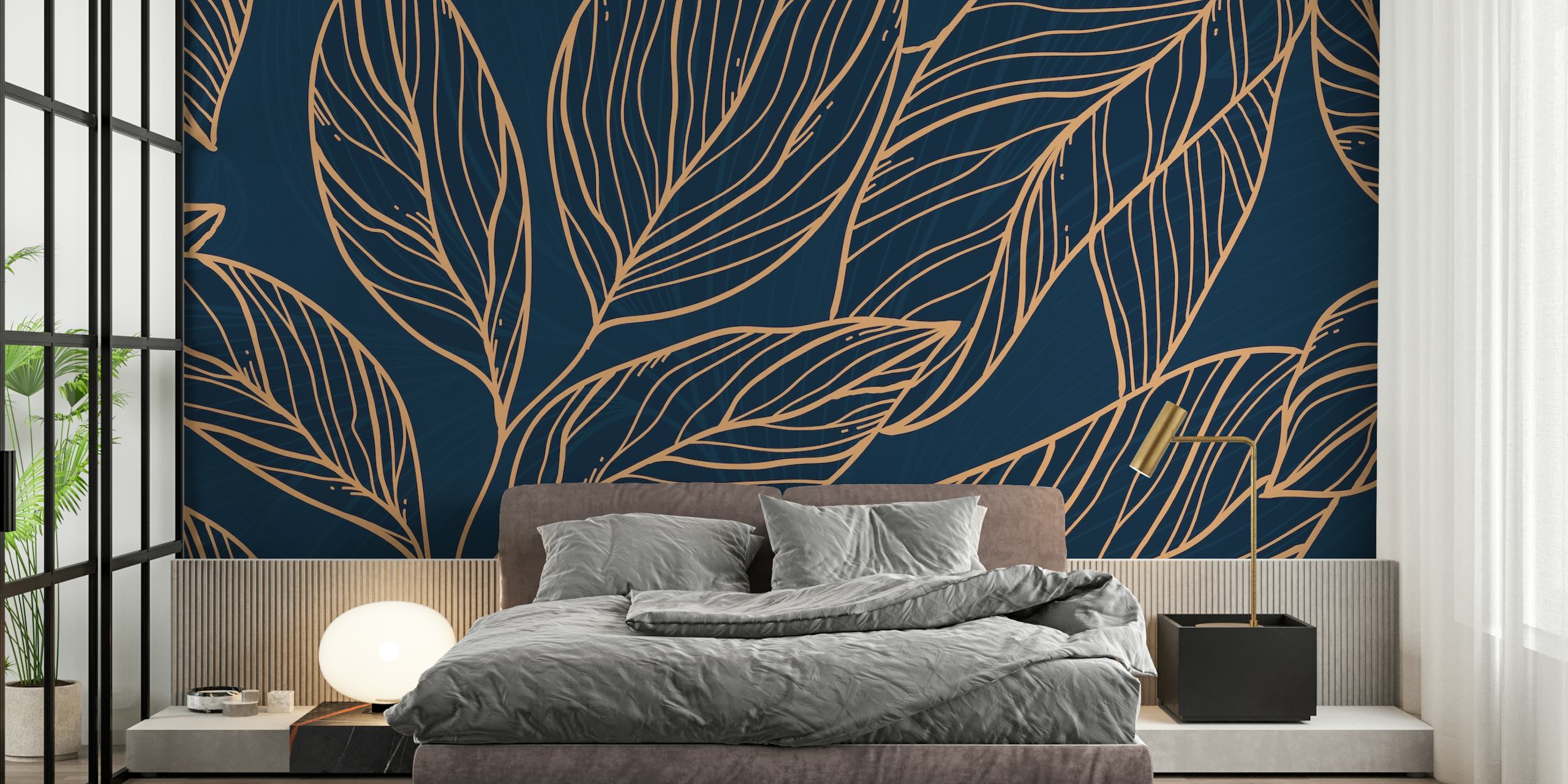 Leaf Lines Blue wall mural with golden leaf outlines on a dark blue background