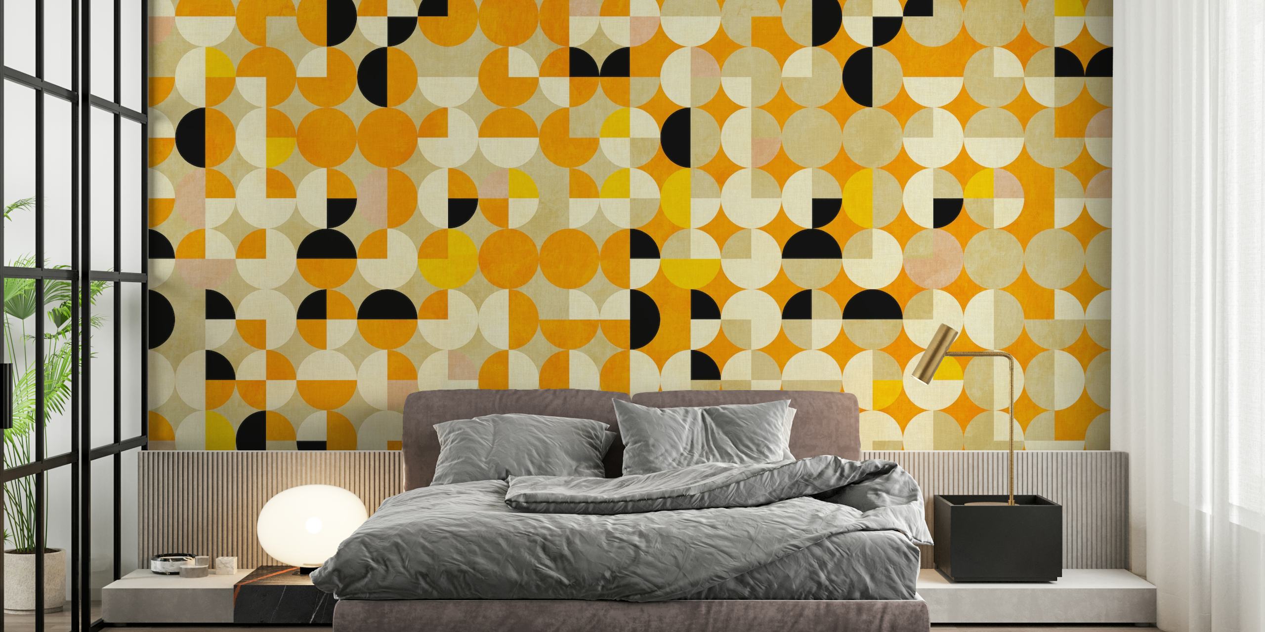 Geometric circles in yellow, black, and beige colors mid century wallpaper