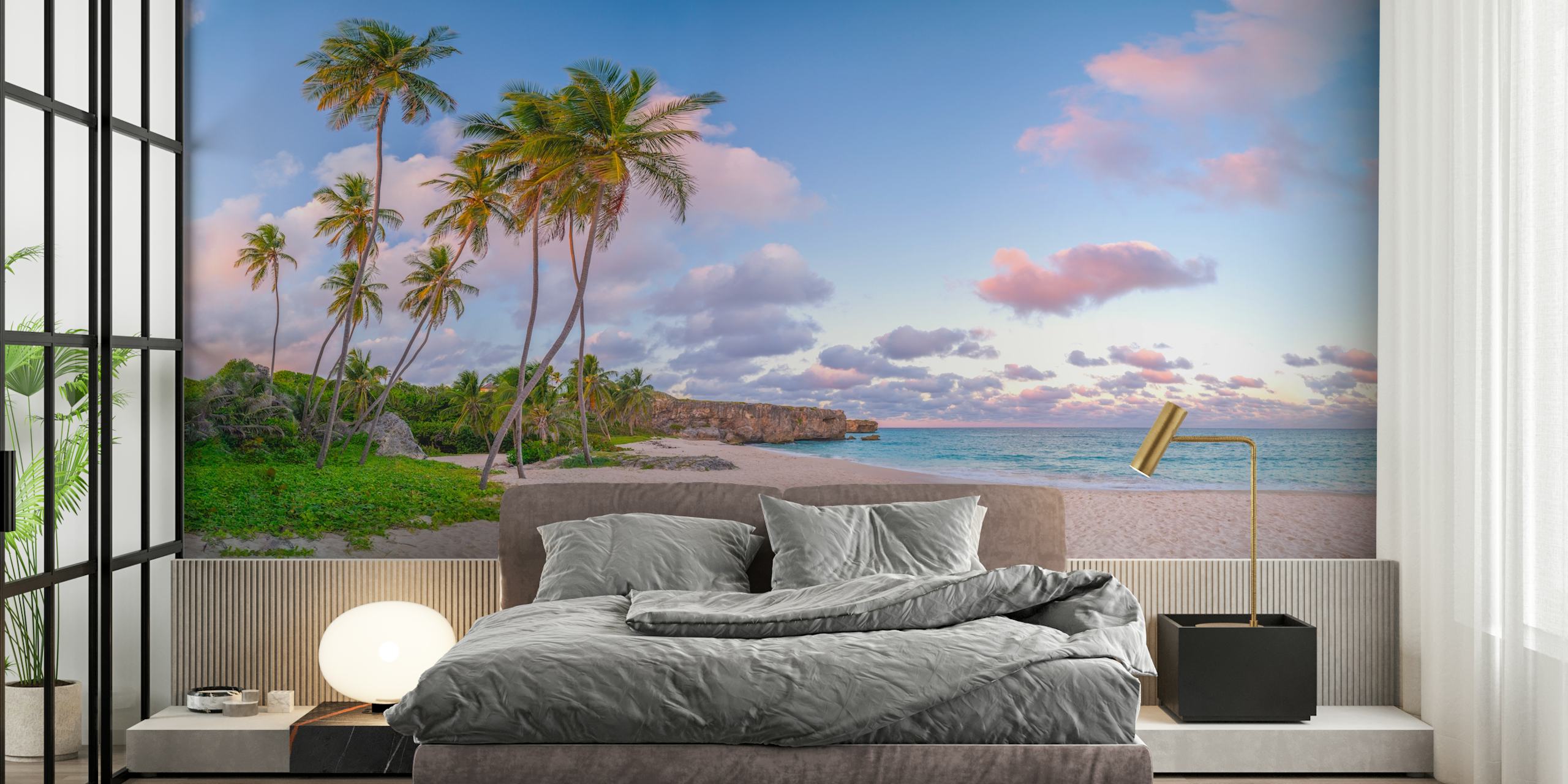 Tropical beach scene with palm trees and sunset colors wallpaper