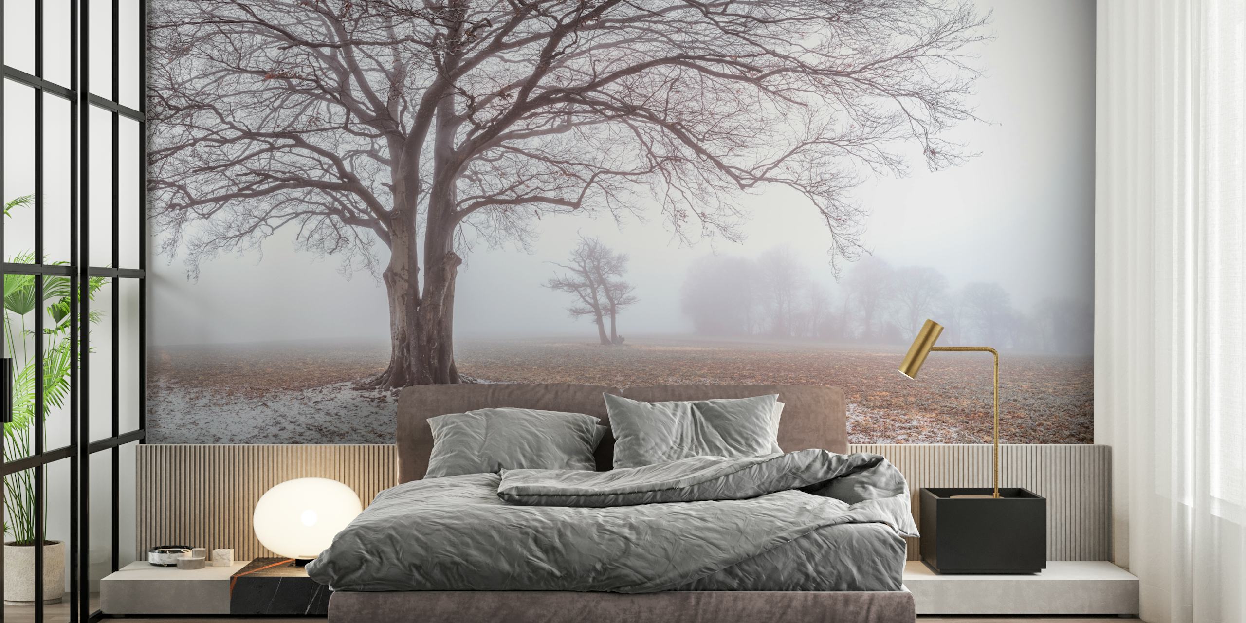 Misty tree in foggy landscape with soft grey tones wallpaper