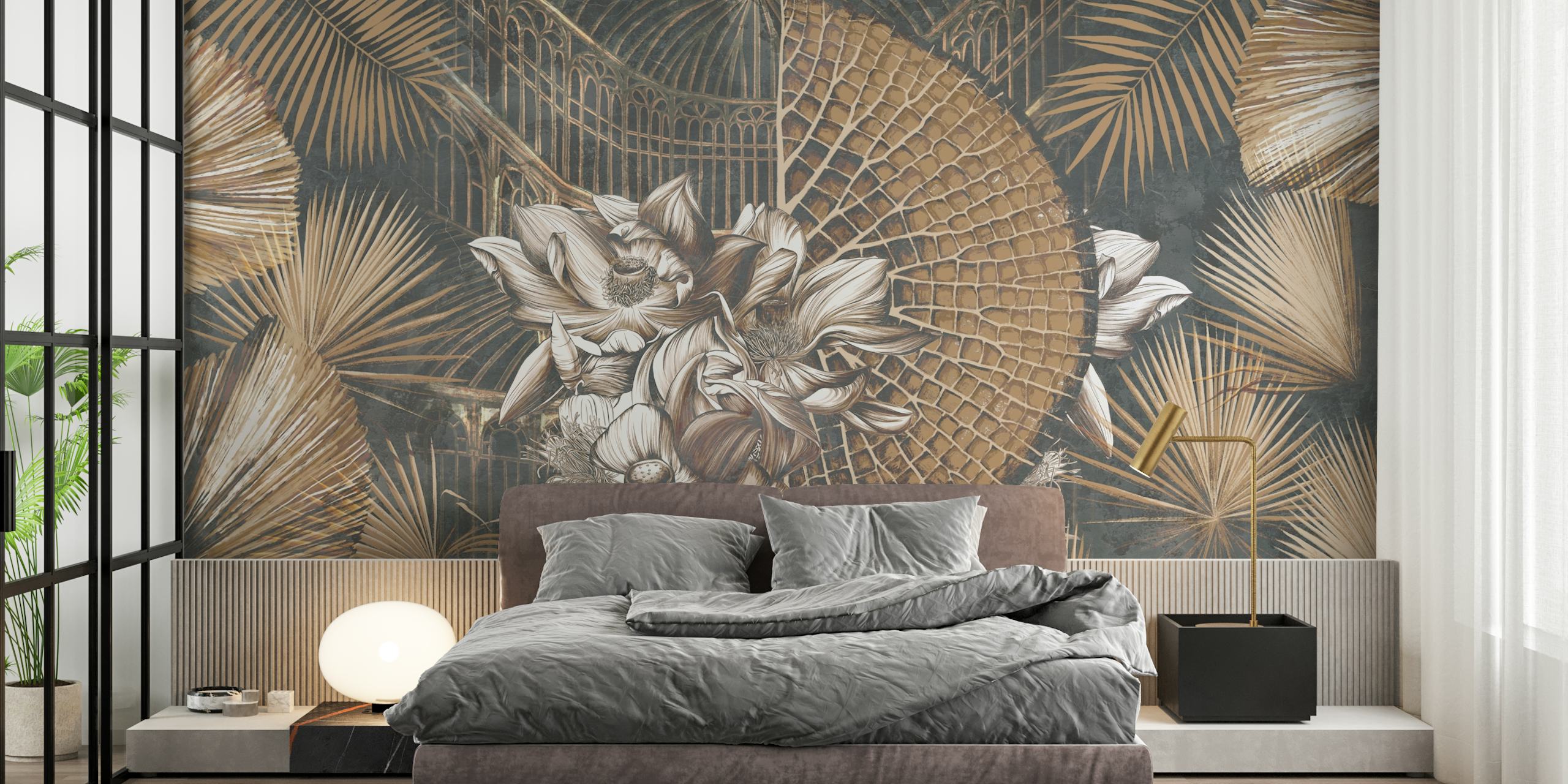 Floral and fan patterns in gold and brown tones wallpaper