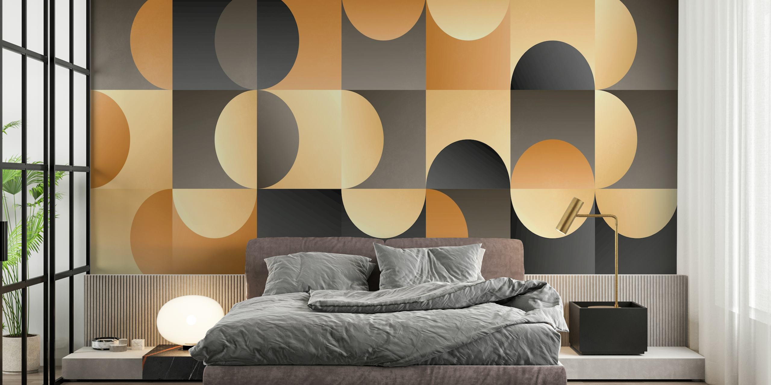 Mid-century Bauhaus-inspired wall mural with geometric shapes in black, gold, and earth tones