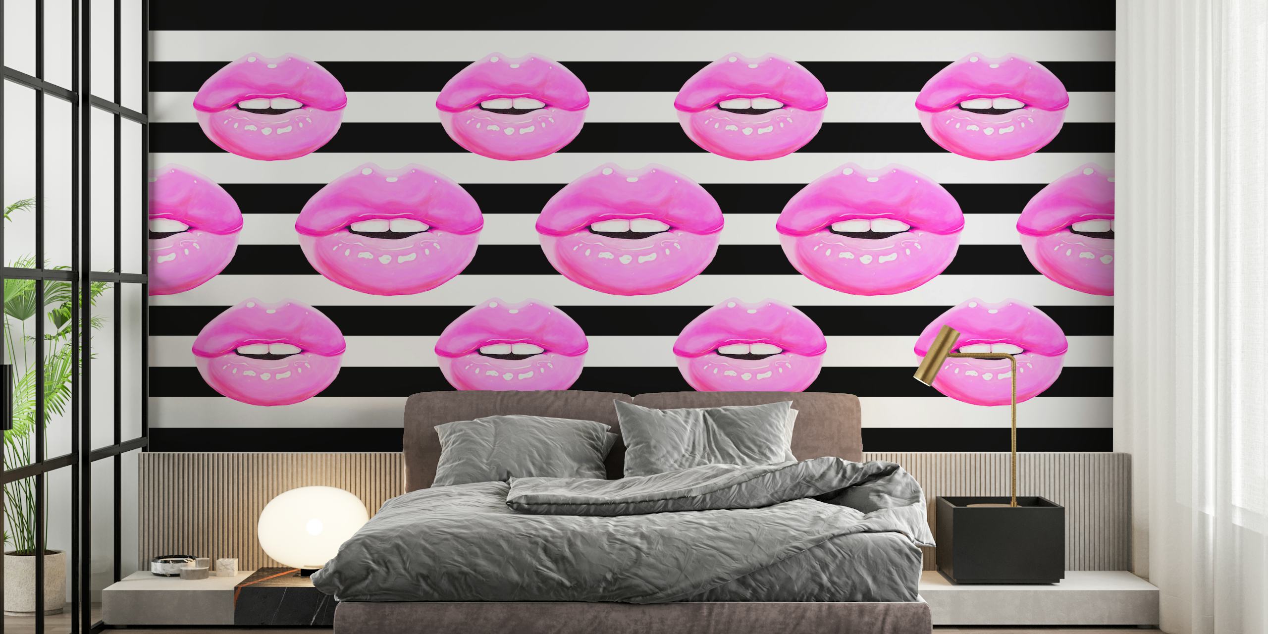 Bold pink lips on black and white striped wallpaper