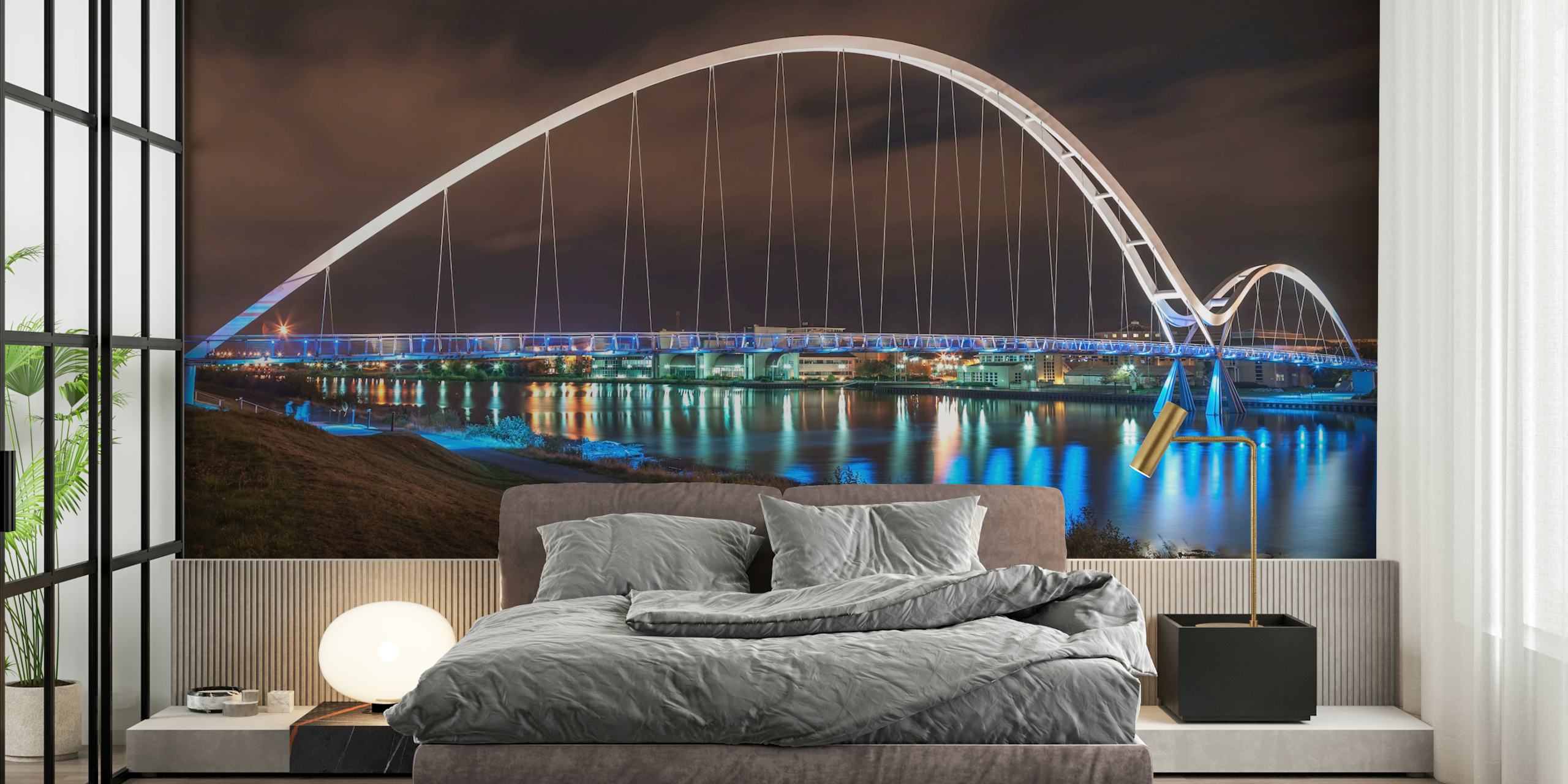 Modern white bridge at night with blue lights reflection wallpaper