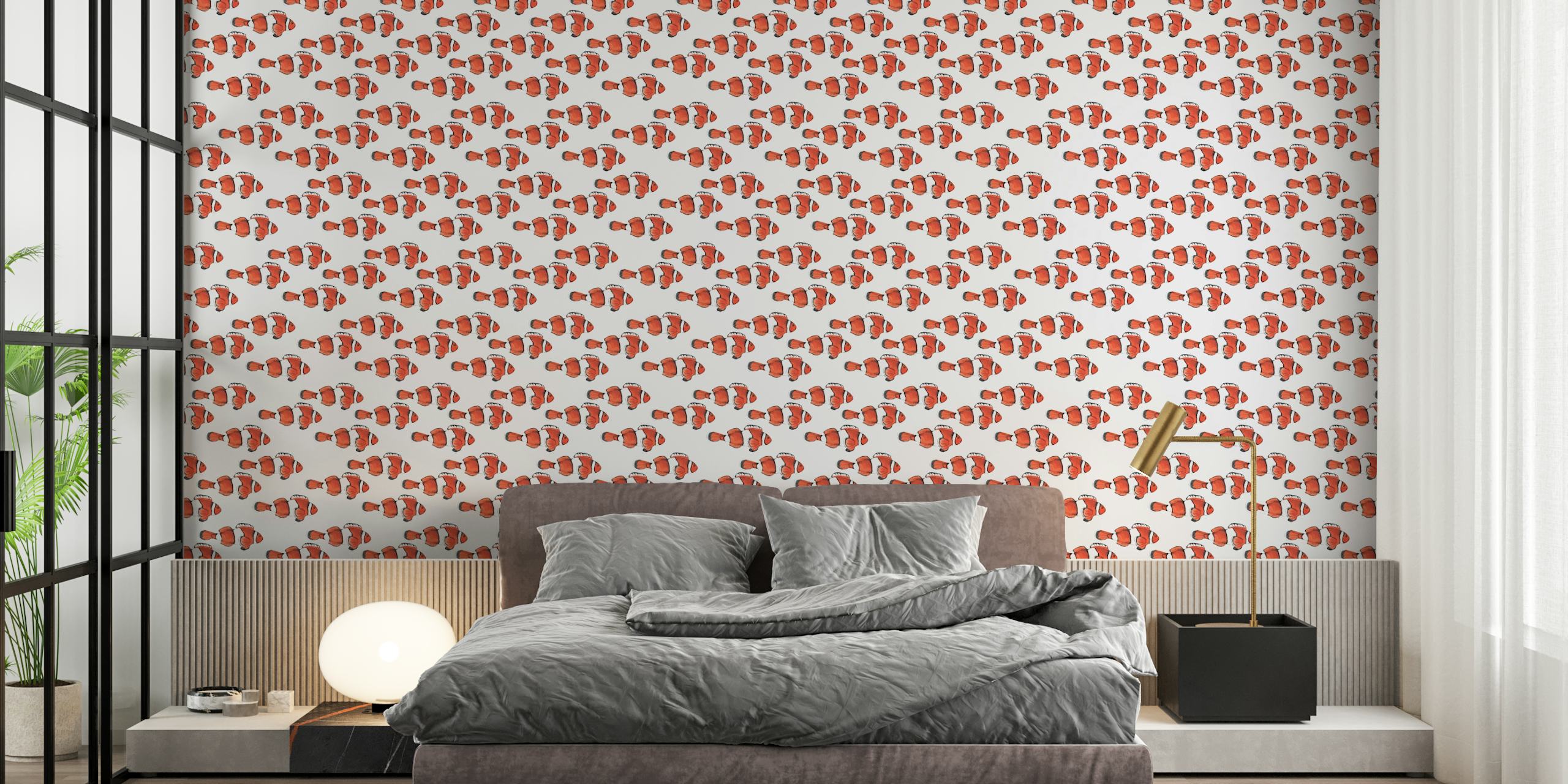 Repeated pattern of red fish on a white background wallpaper