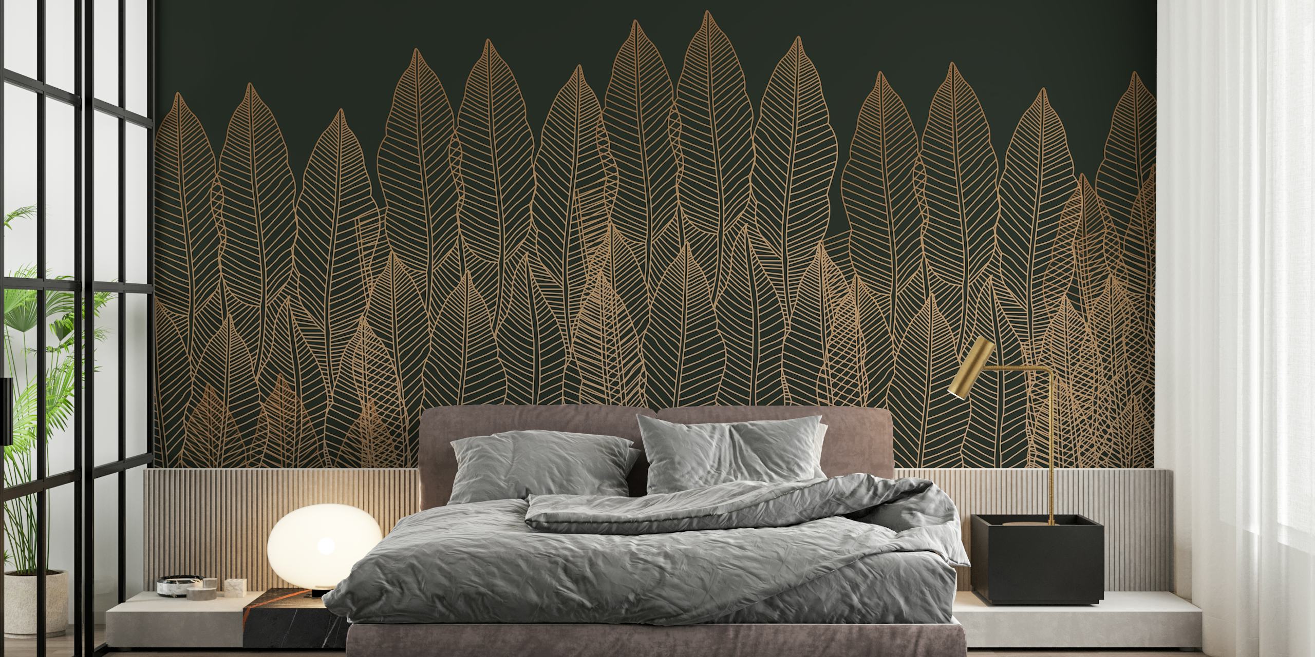 Gold tropical palm leaves on a dark background wallpaper