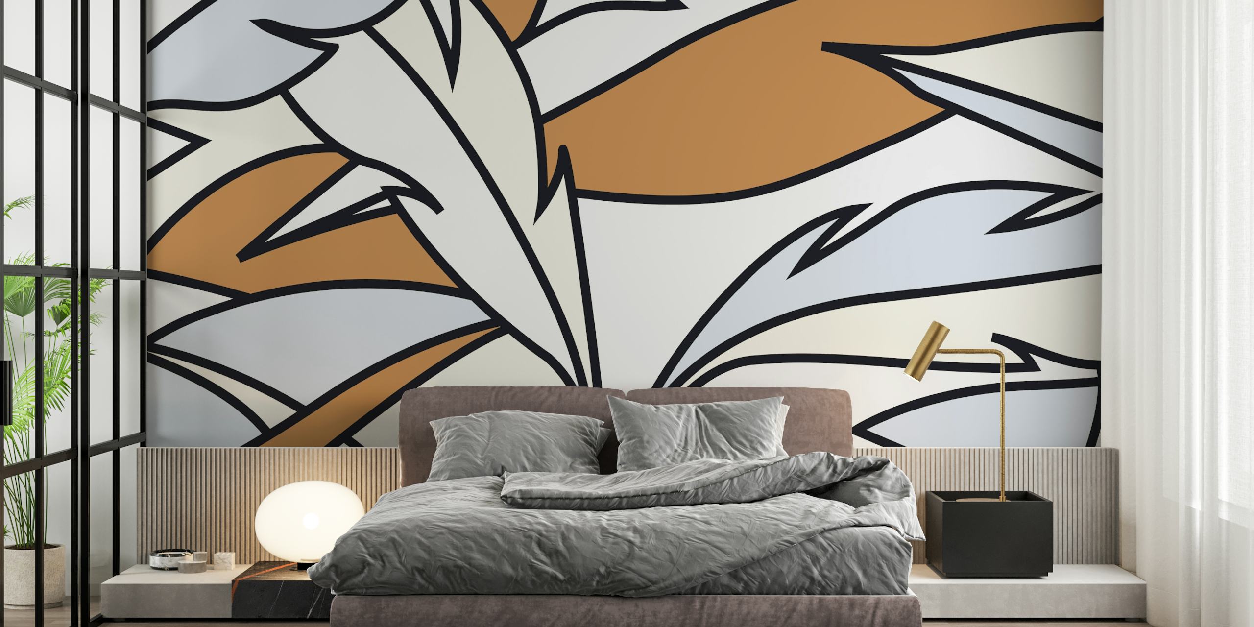 Brown and cream leaf pattern wallpaper with smooth lines and muted tones