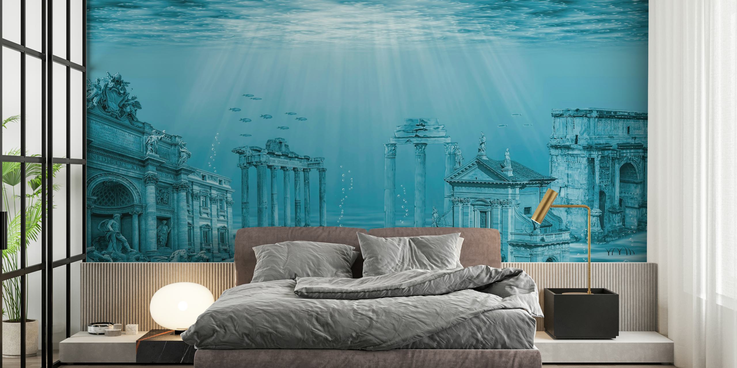 Underwater city with ruins and fish in blue tones wallpaper