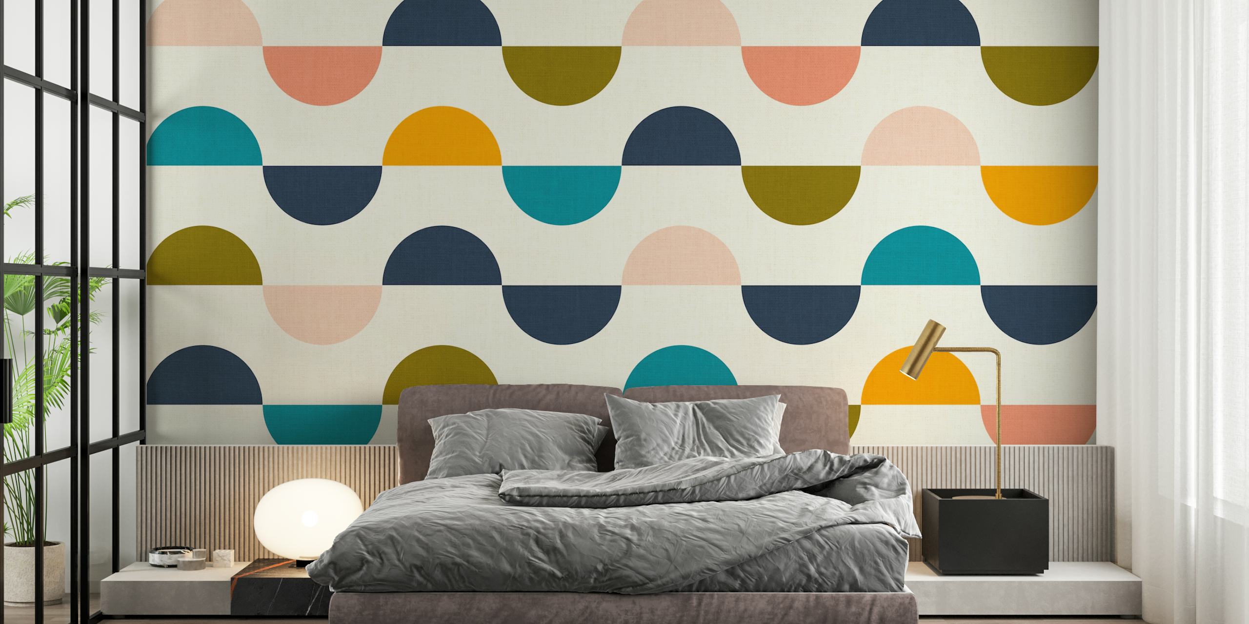 Papier peint géométrique, formes colorées (rose, bleu, orange, vert)