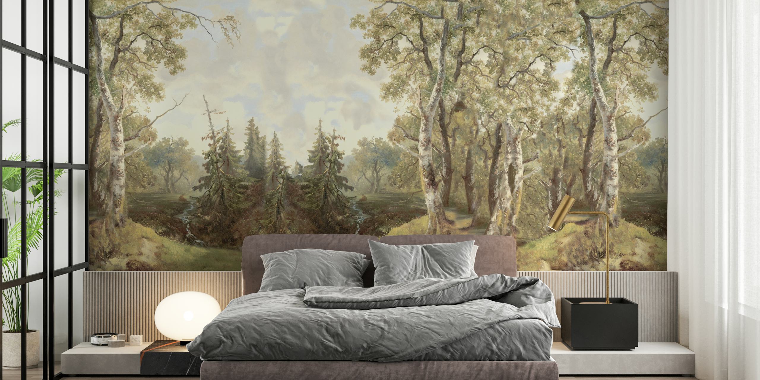 Mural de pared con escena de bosque frondoso y sereno paisaje forestal en colores sutiles