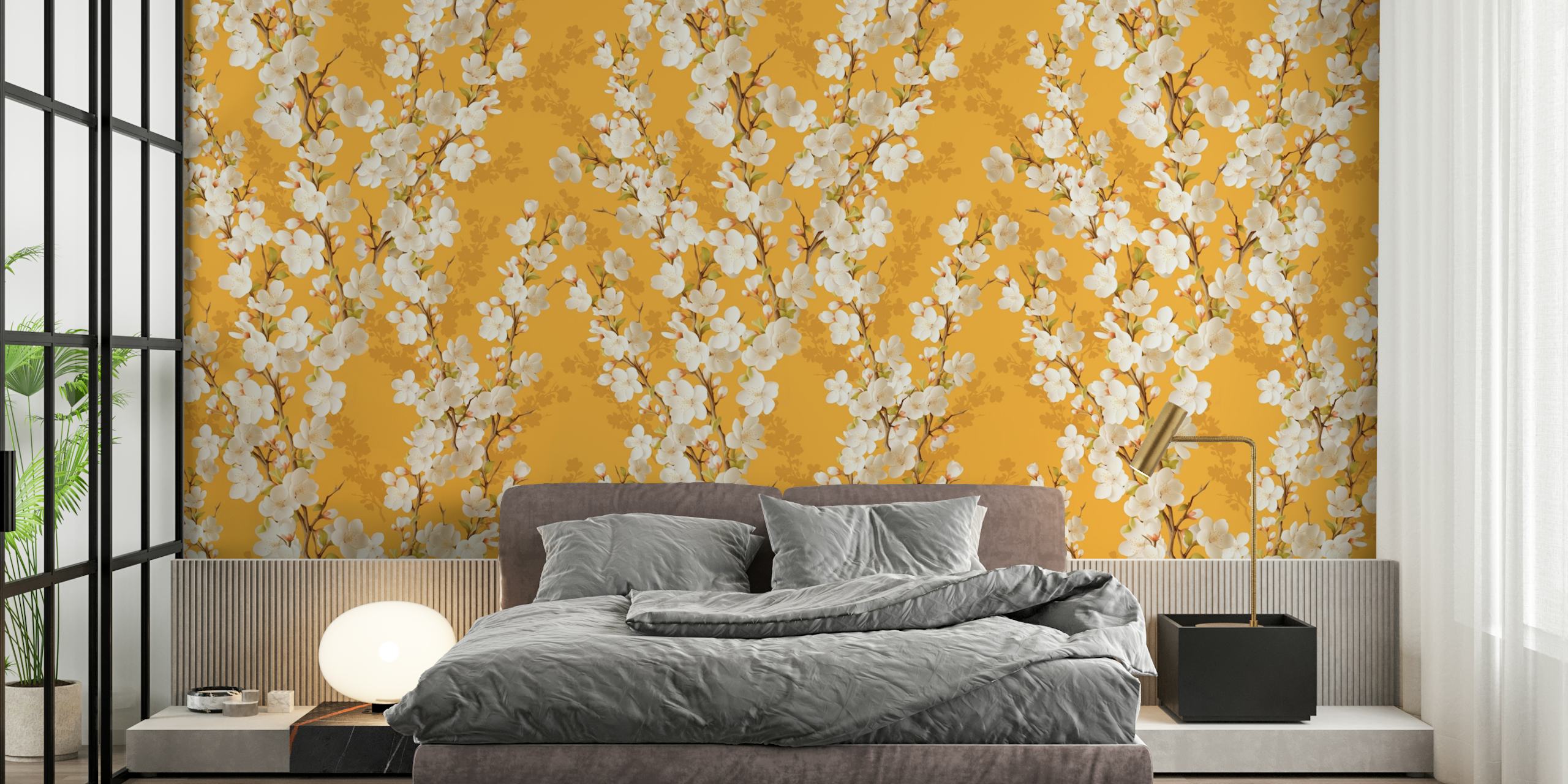 Cherry blossom mural in warm yellow tones