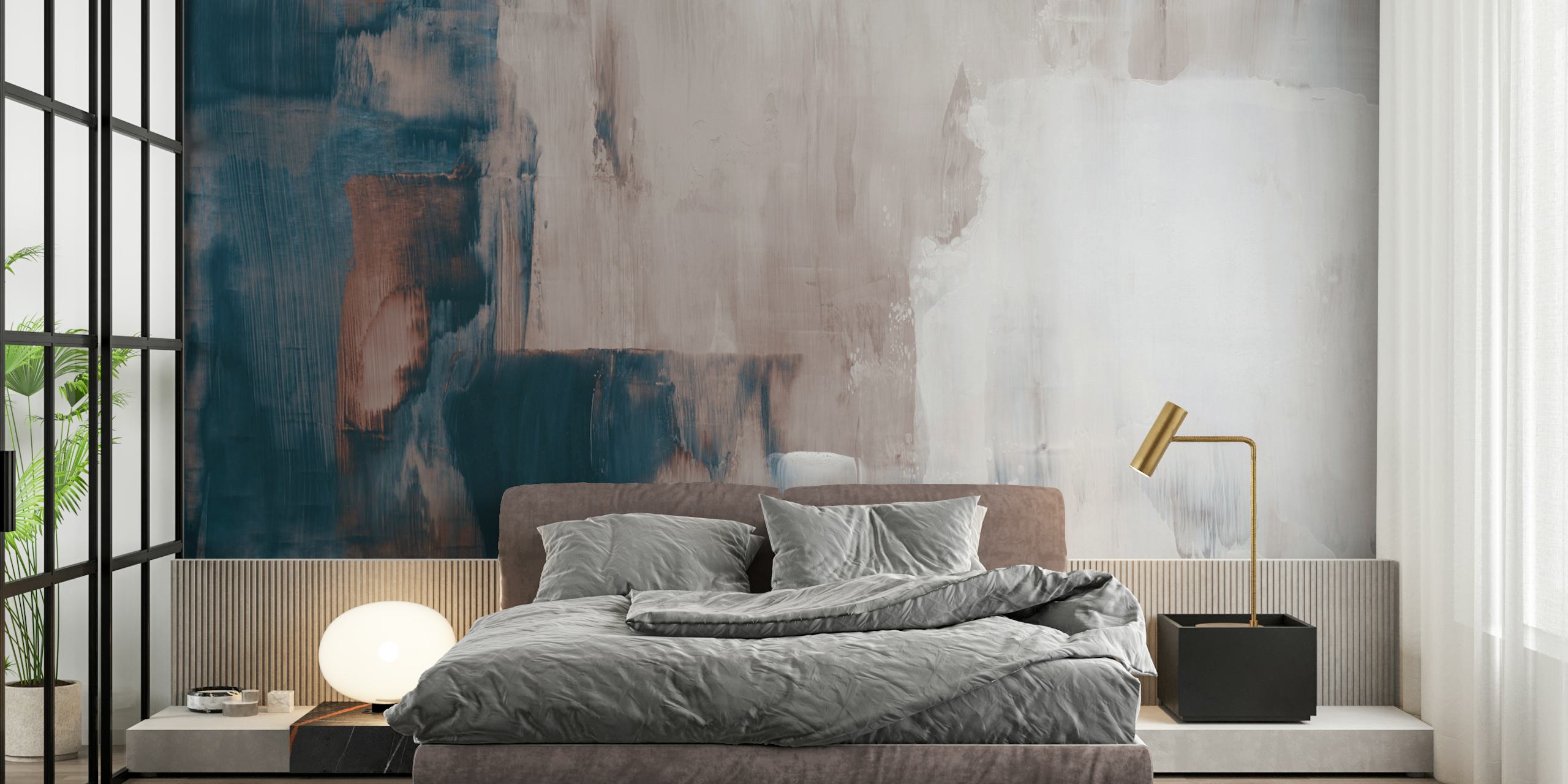 Abstract brushstroke wallpaper in beige, blue and white tones