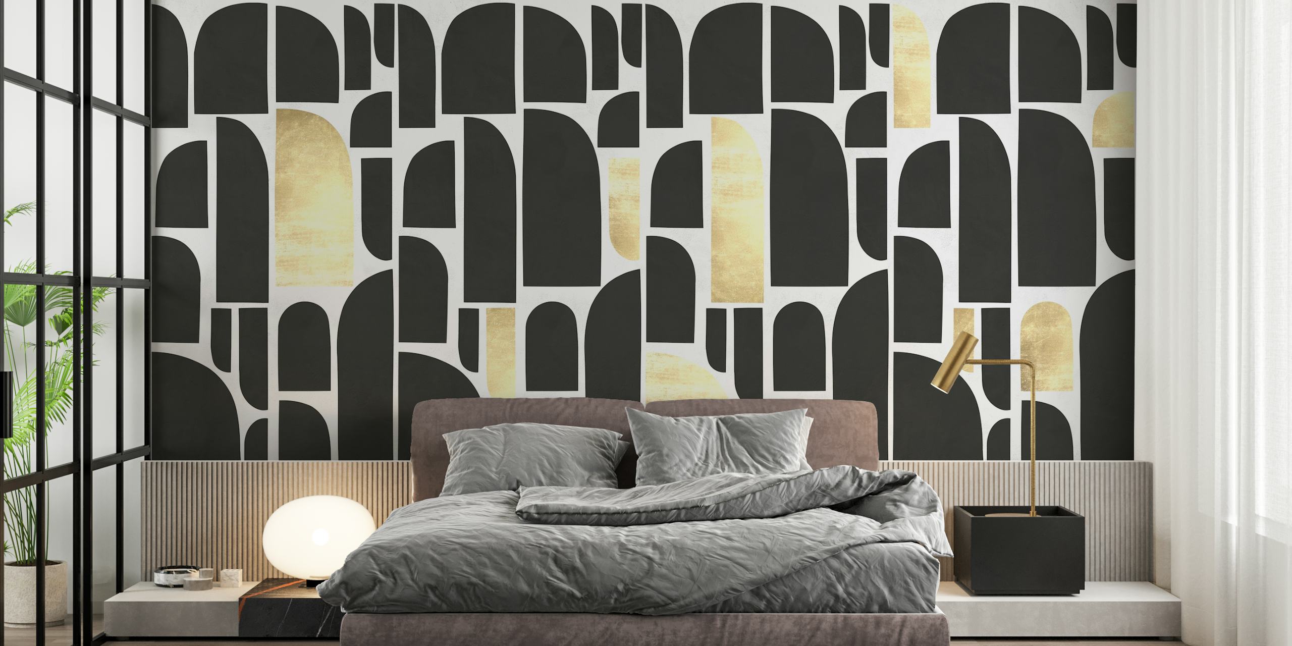 Abstract shapes in black and gold on a white background wallpaper