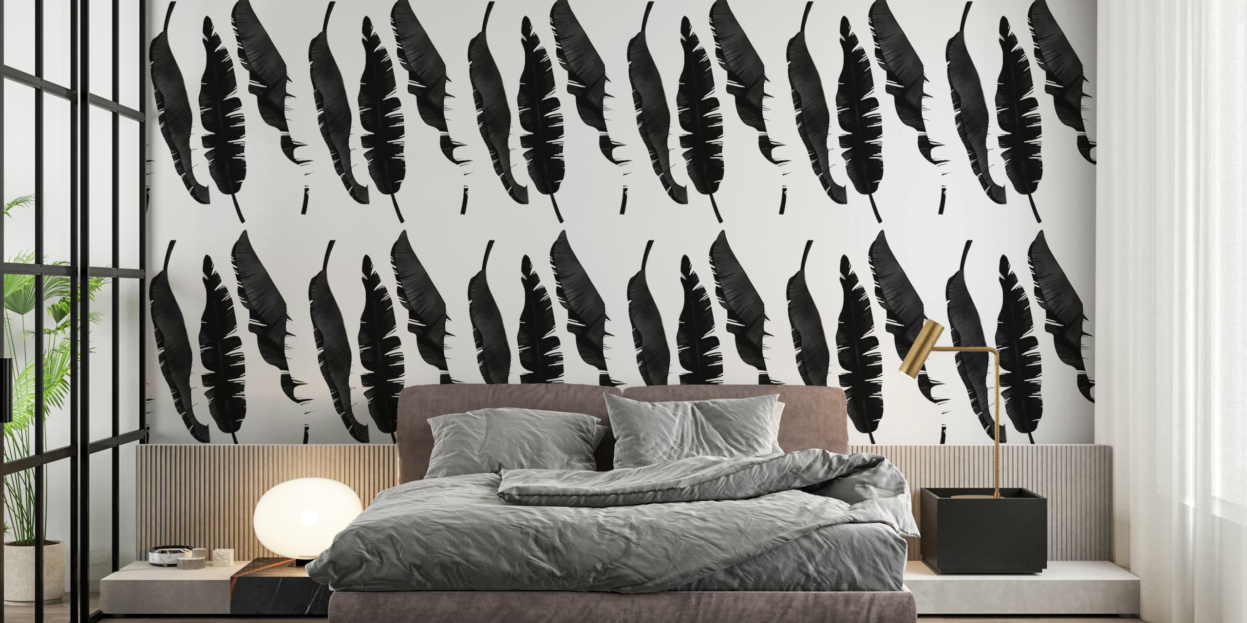 Monochrome feather wallpaper displayed in a room