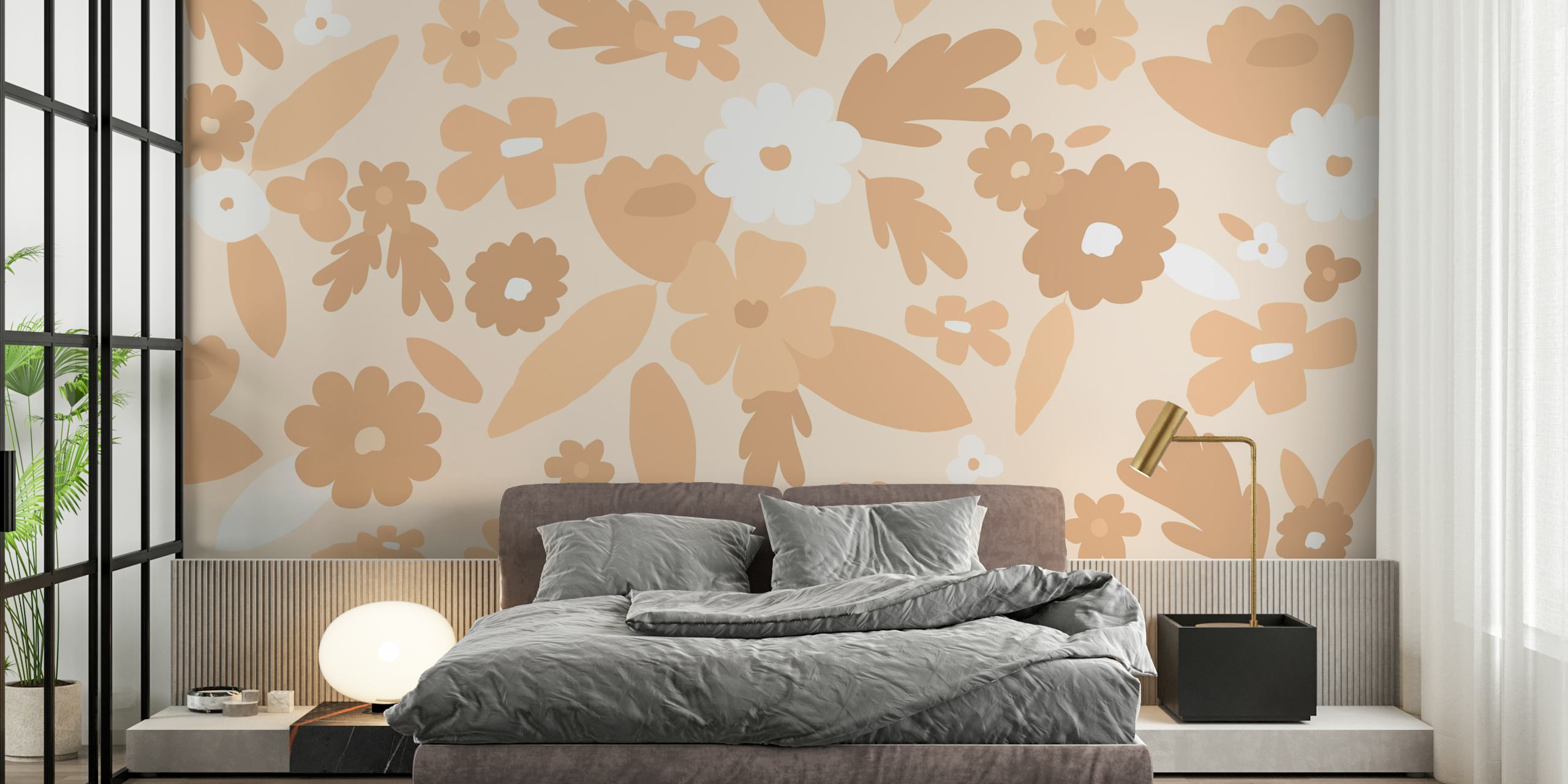 Peach floral pattern wallpaper featuring leaves and flowers