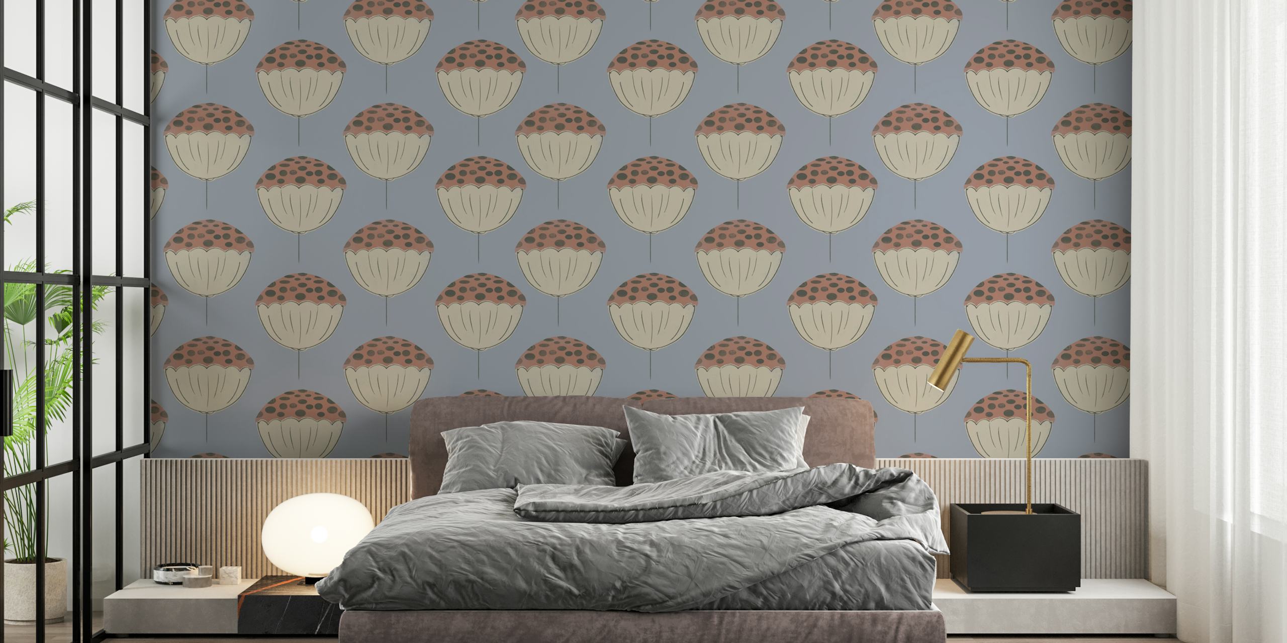 Mid century floral pattern with blue background and beige flowers wallpaper.