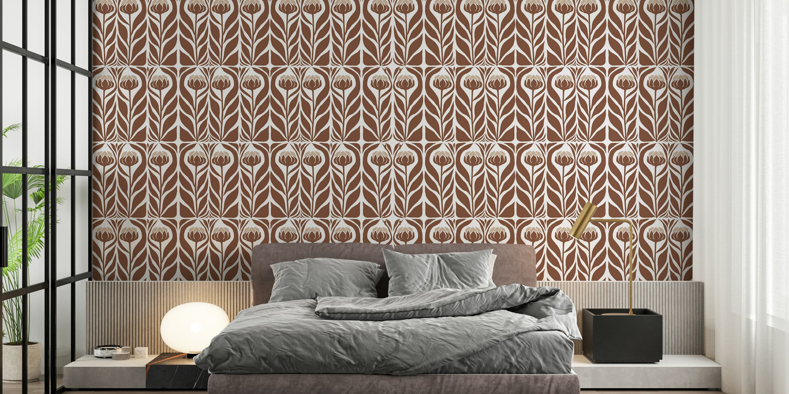 Brown floral wallpaper with white flower patterns and leaves