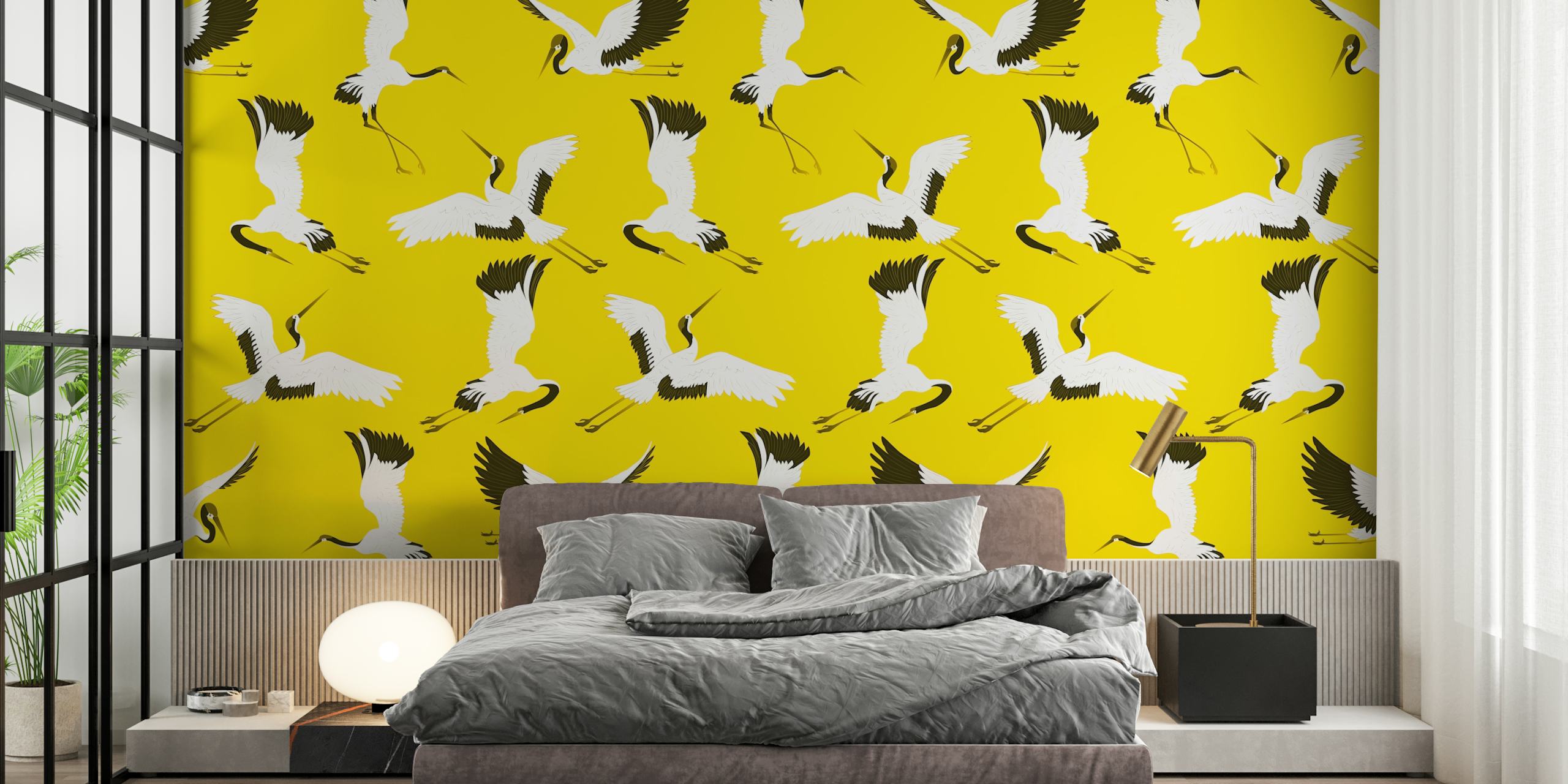 White cranes flying against a bright yellow background wallpaper