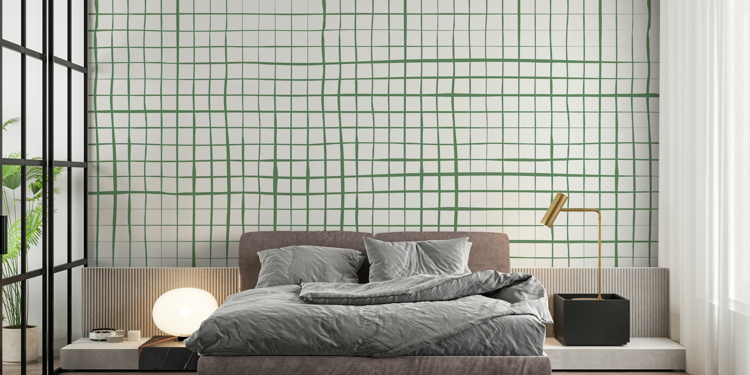 Stripes Grid Green behang in een kamer