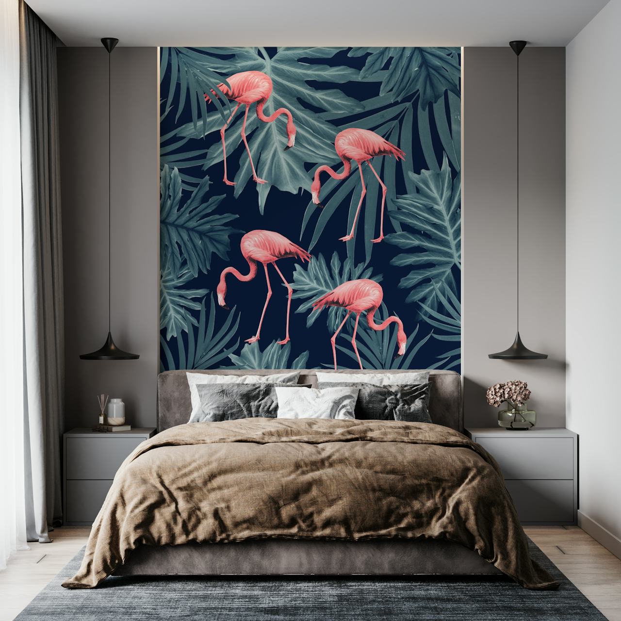 Pink flamingos among dark tropical leaves wall mural