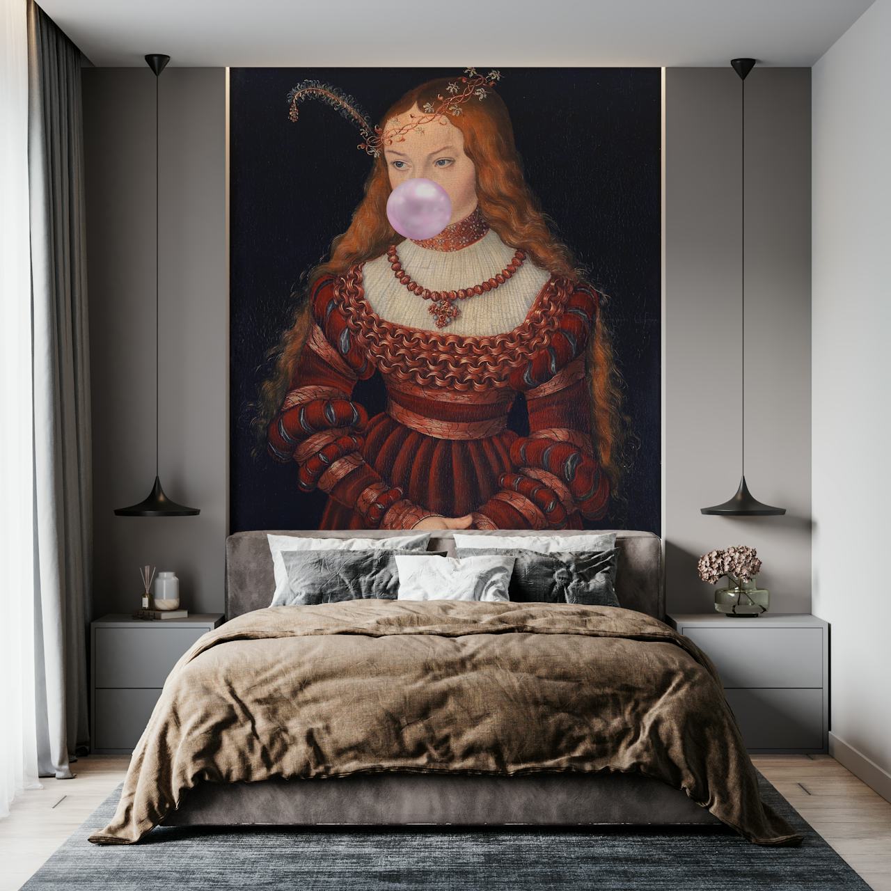 Vintage wall mural of a woman blowing bubblegum, red and pink tones