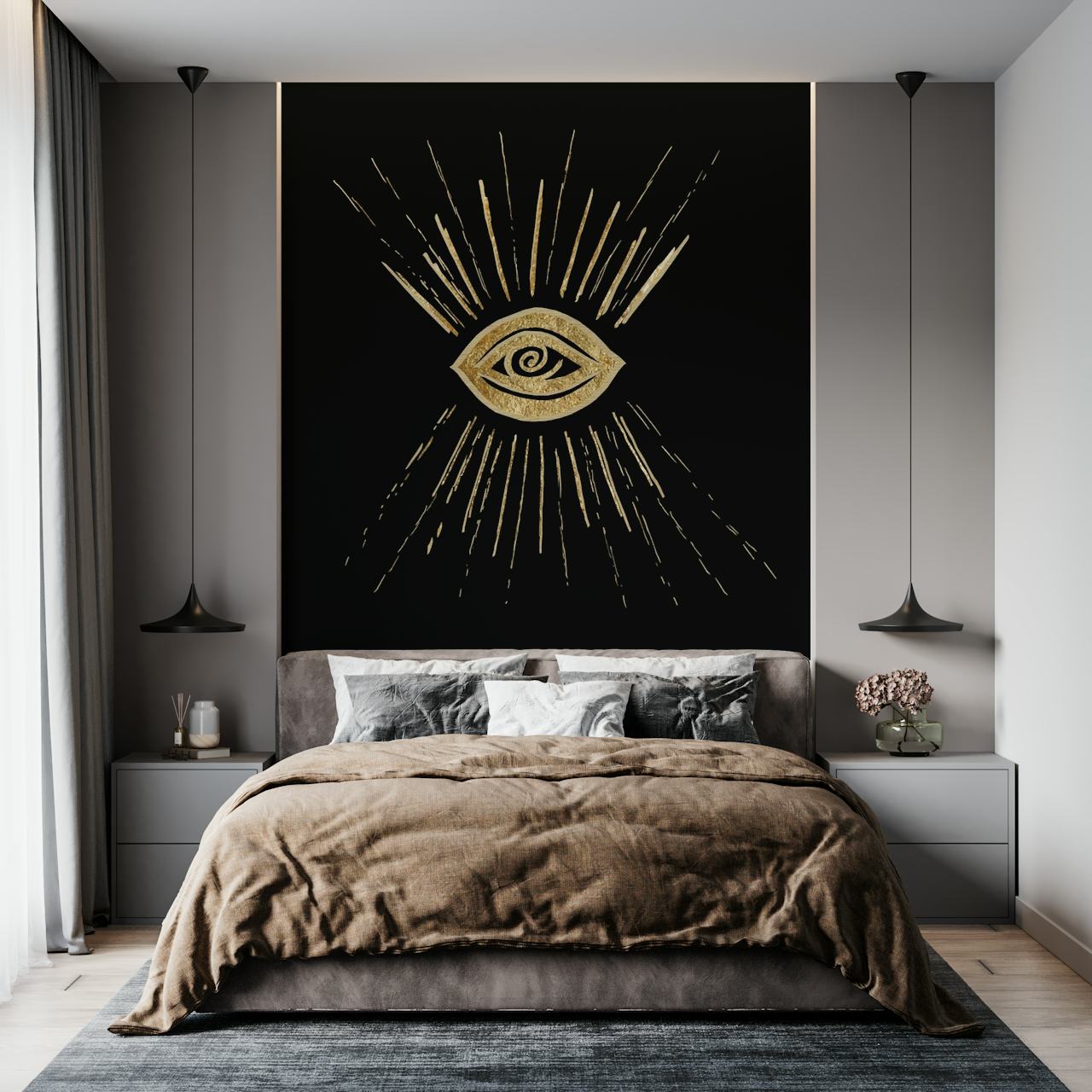 Evil Eye Gold on Black ταπετσαρία σε ένα δωμάτιο