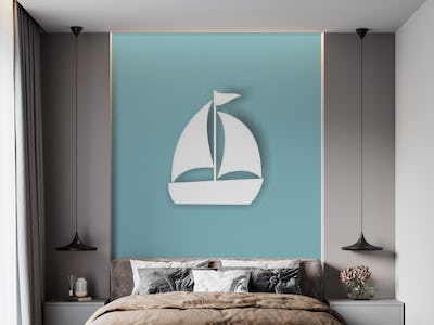 Teal blue white boat
