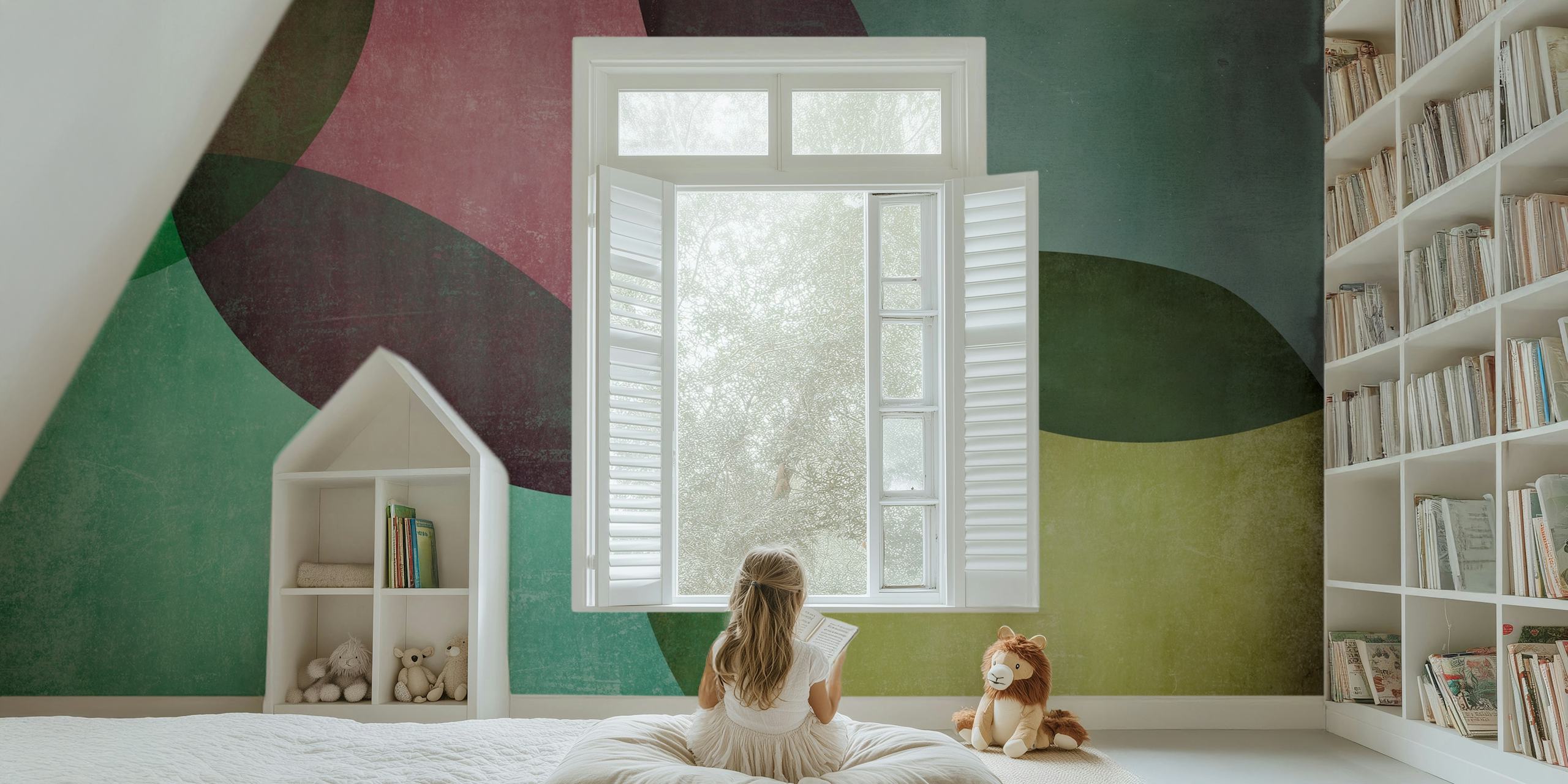 Abstract geometric shapes in green, pink, and yellow wallpaper