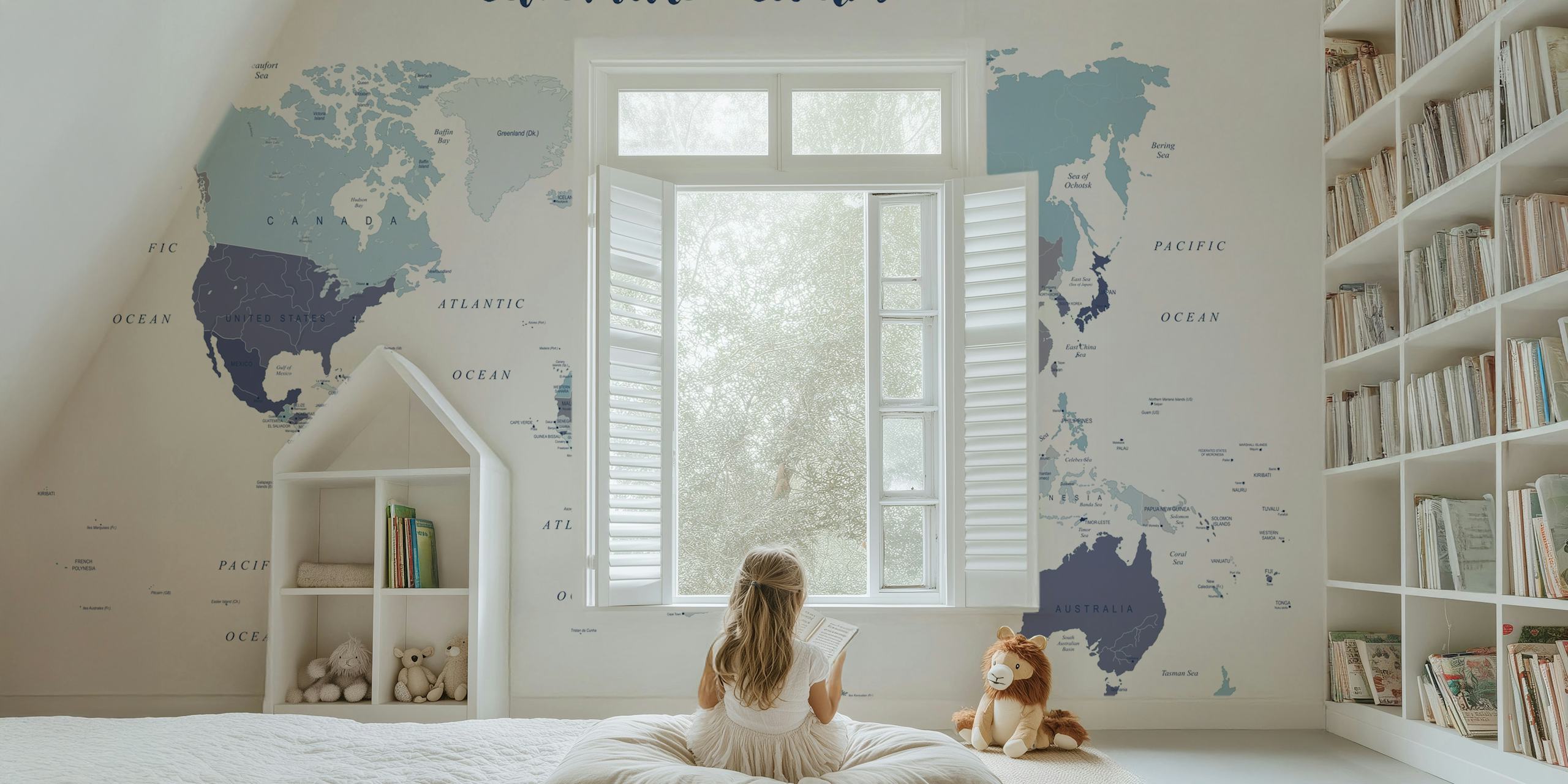 Stilfuldt Adventure Awaits World Map vægmaleri med blød farvepalet og klare kartografiske detaljer