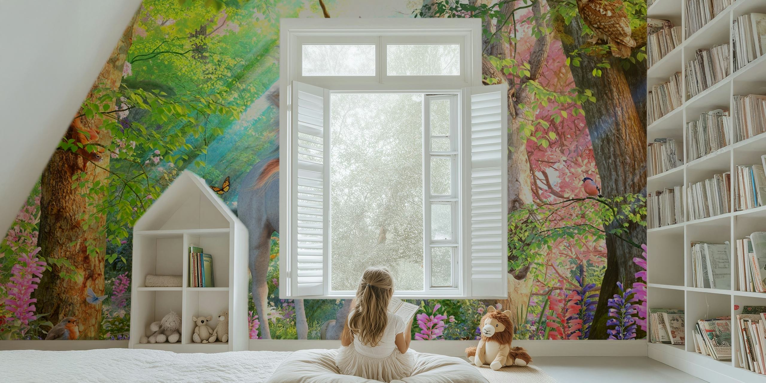 Unicorn in a vibrant forest with flowers and trees, colorful magical wallpaper