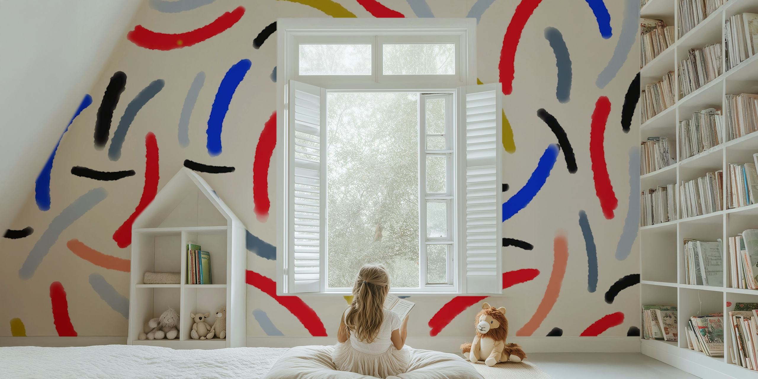 Colorful abstract brushstroke patterns in red, blue, black, and yellow wallpaper