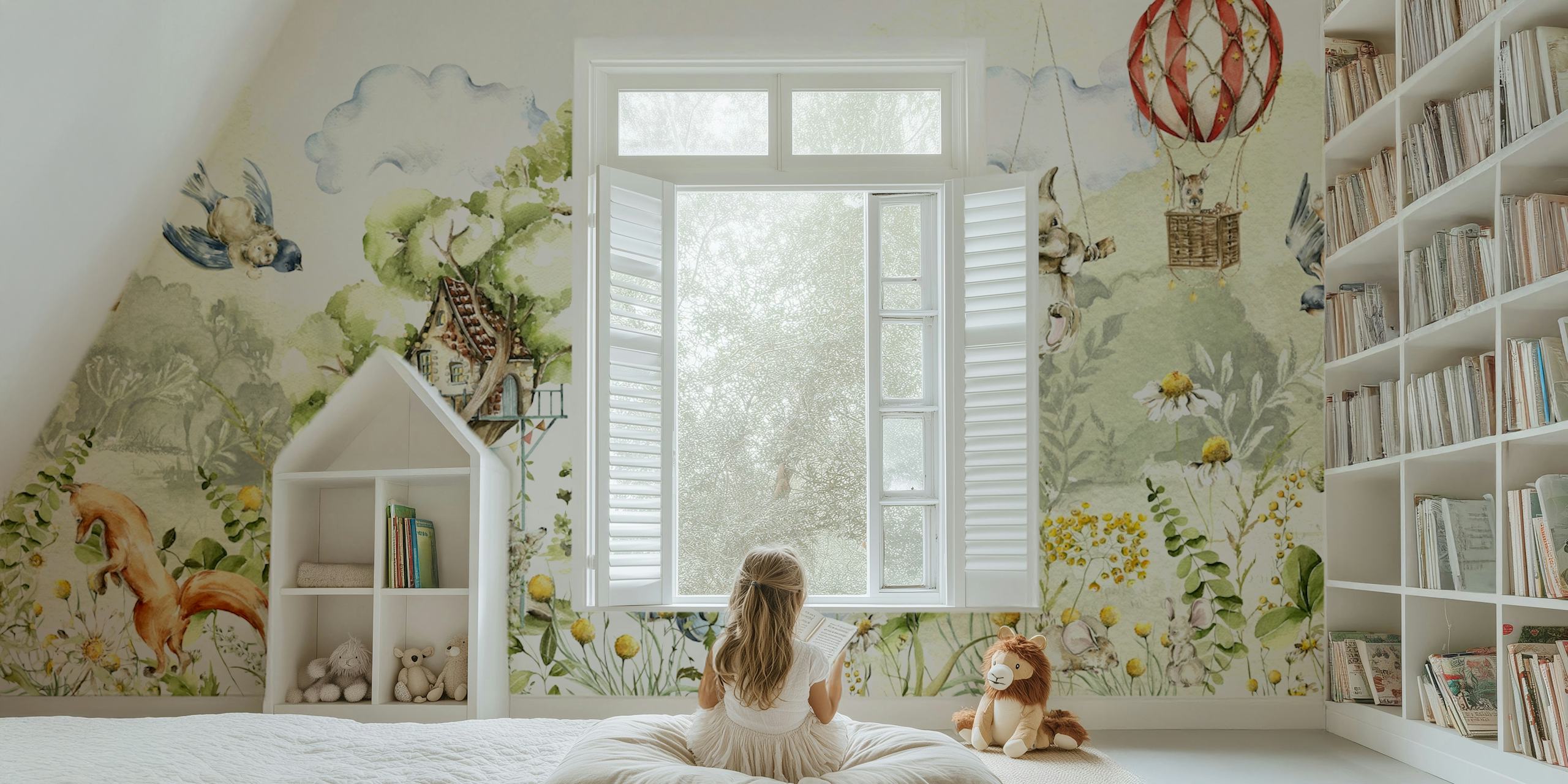 Whimsical animal wall mural with playful animals, green foliage, soft colors, watercolor style wallpaper