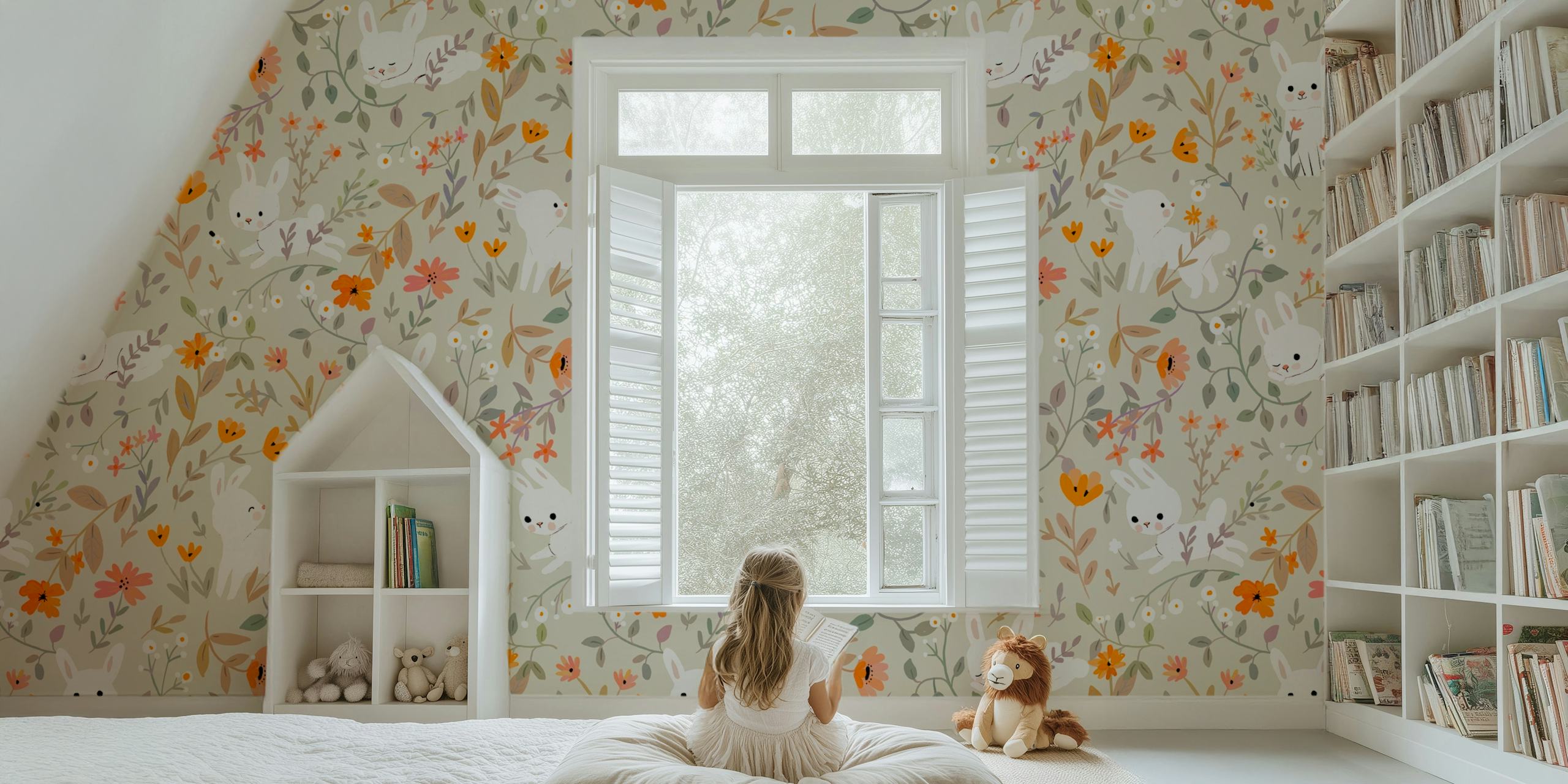 playful bunnies and colorful flowers on soft background wallpaper