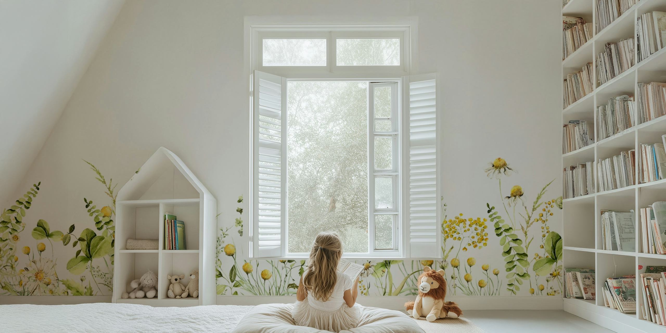 Botanical floral design with yellow flowers and green leaves wallpaper