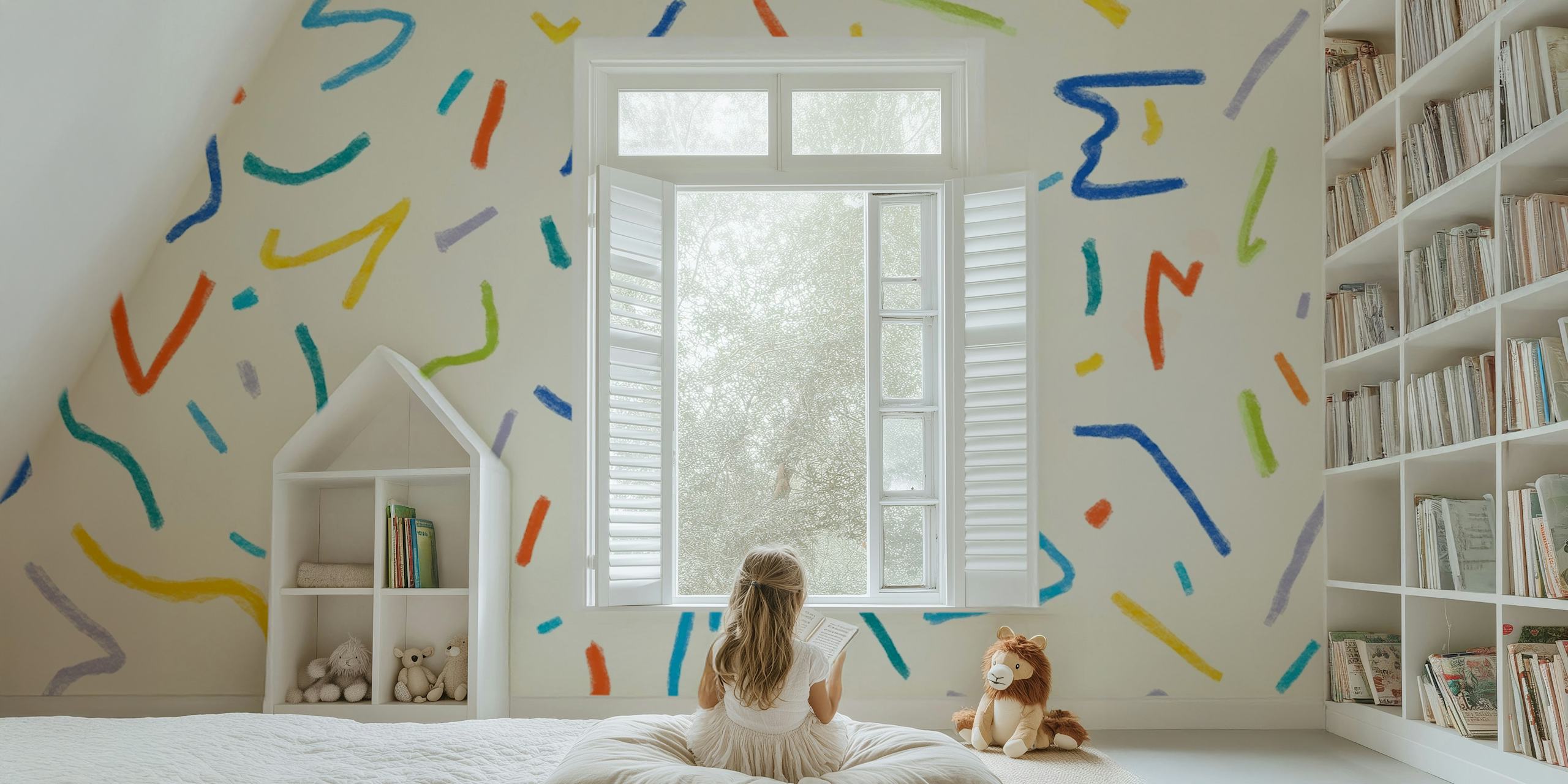 Colorful abstract lines on cream background wallpaper