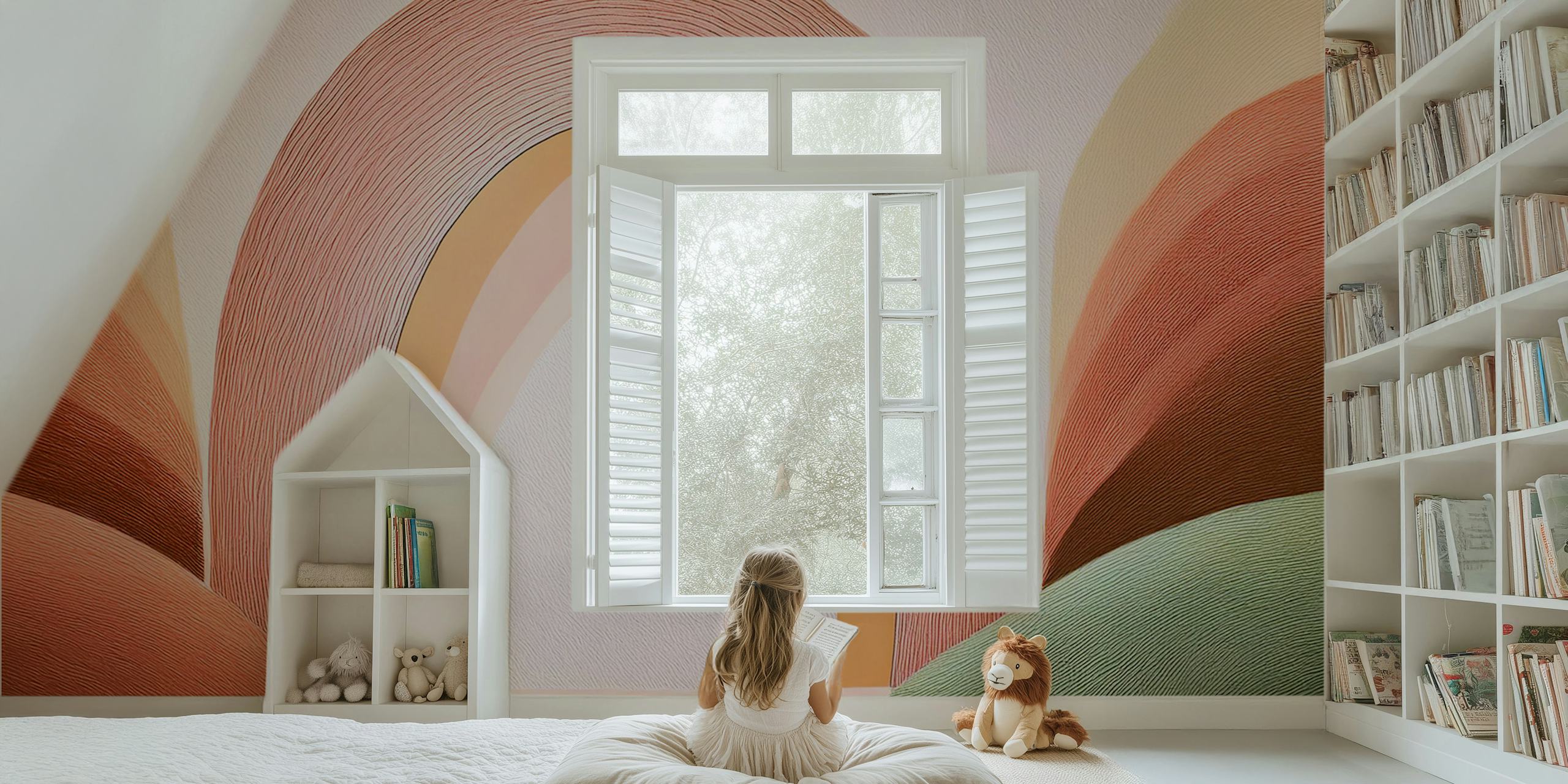 Boho rainbow arch design in pastel colors, layered hills wallpaper