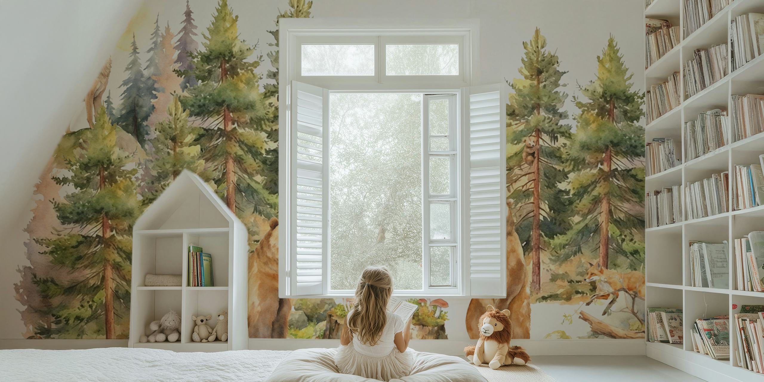 Bears, trees, and a wolf on the moonlight in watercolor wallpaper